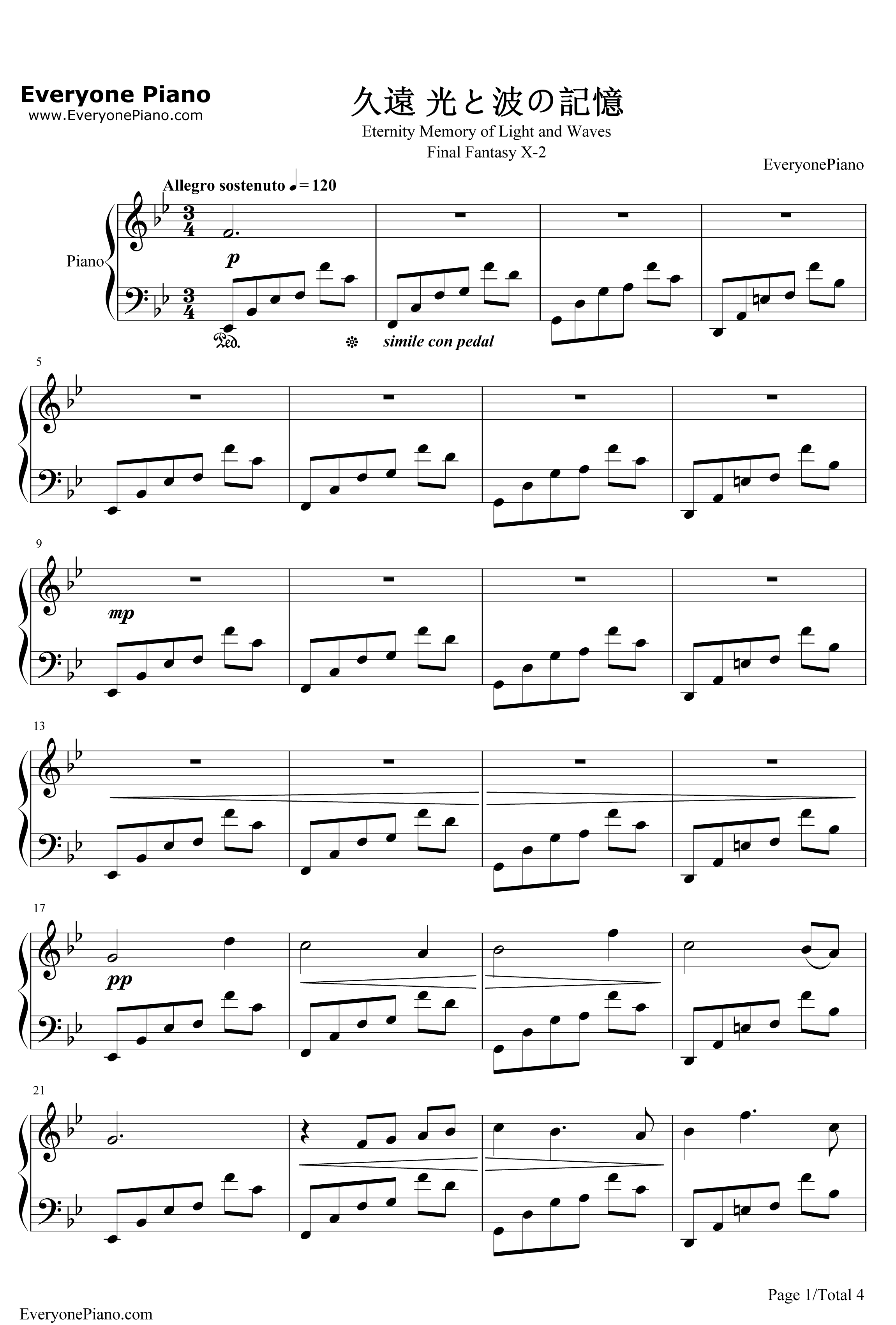 久远钢琴谱-关户刚-光与波的记忆-《最终幻想II》插曲1
