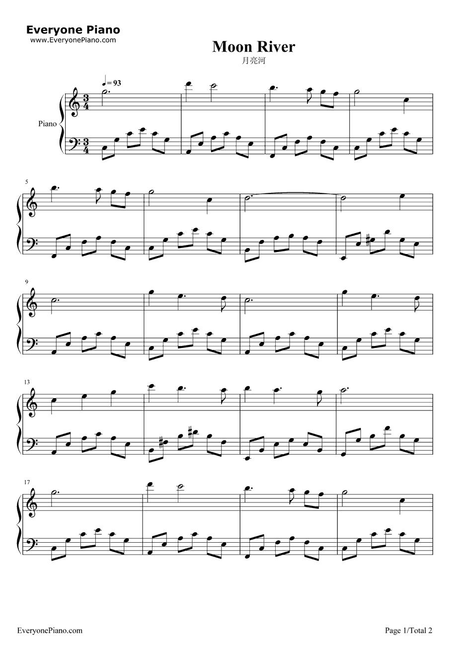 月亮河钢琴谱-奥黛丽•赫本-简单版-蒂凡尼的早餐OST1