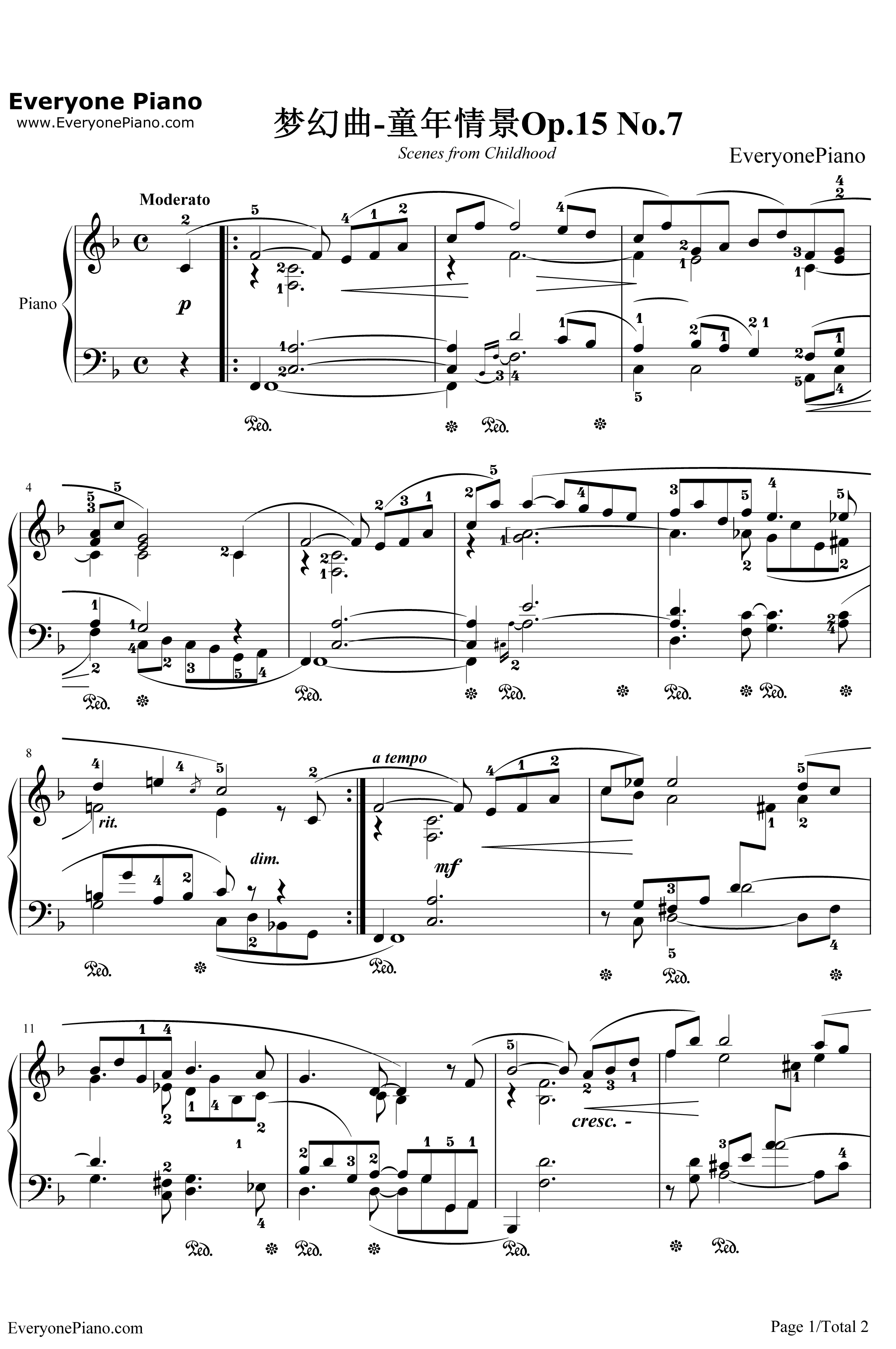 梦幻曲钢琴谱-舒曼-童年情景1
