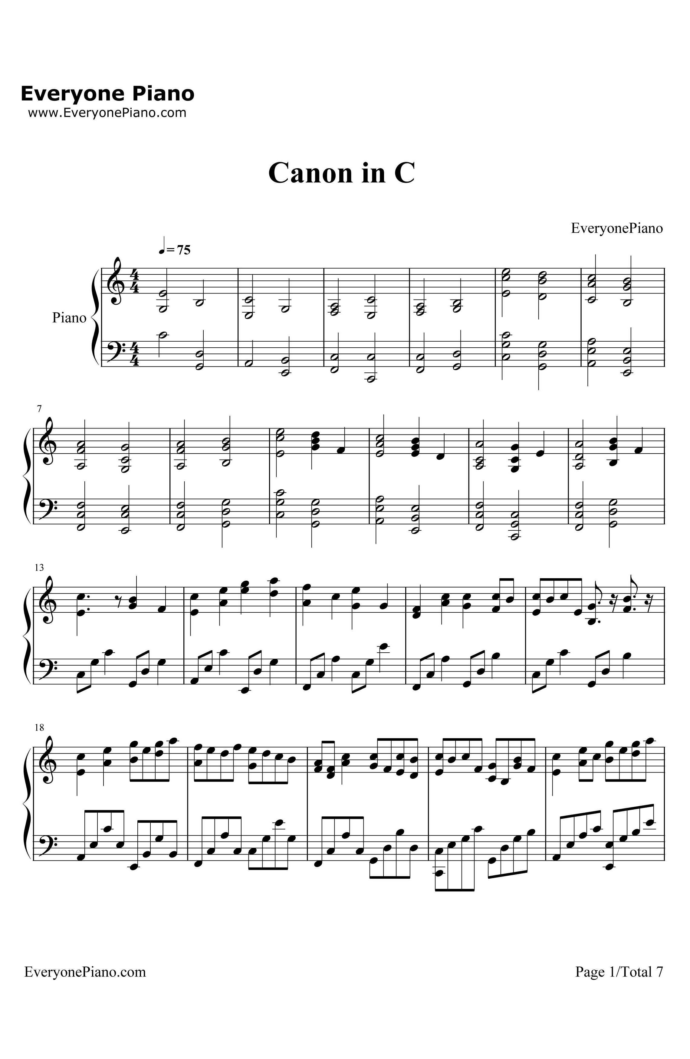 c大调卡农钢琴谱-帕赫贝尔-带力度版1