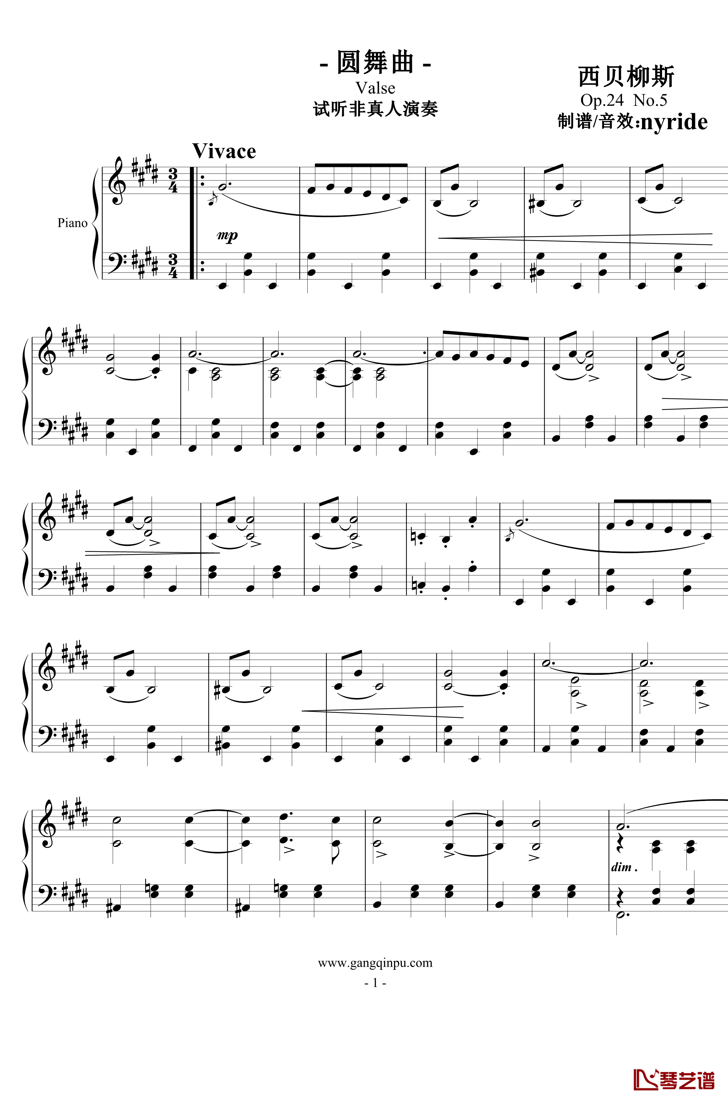 圆舞曲钢琴谱-Op.24  No.5-西贝柳斯1