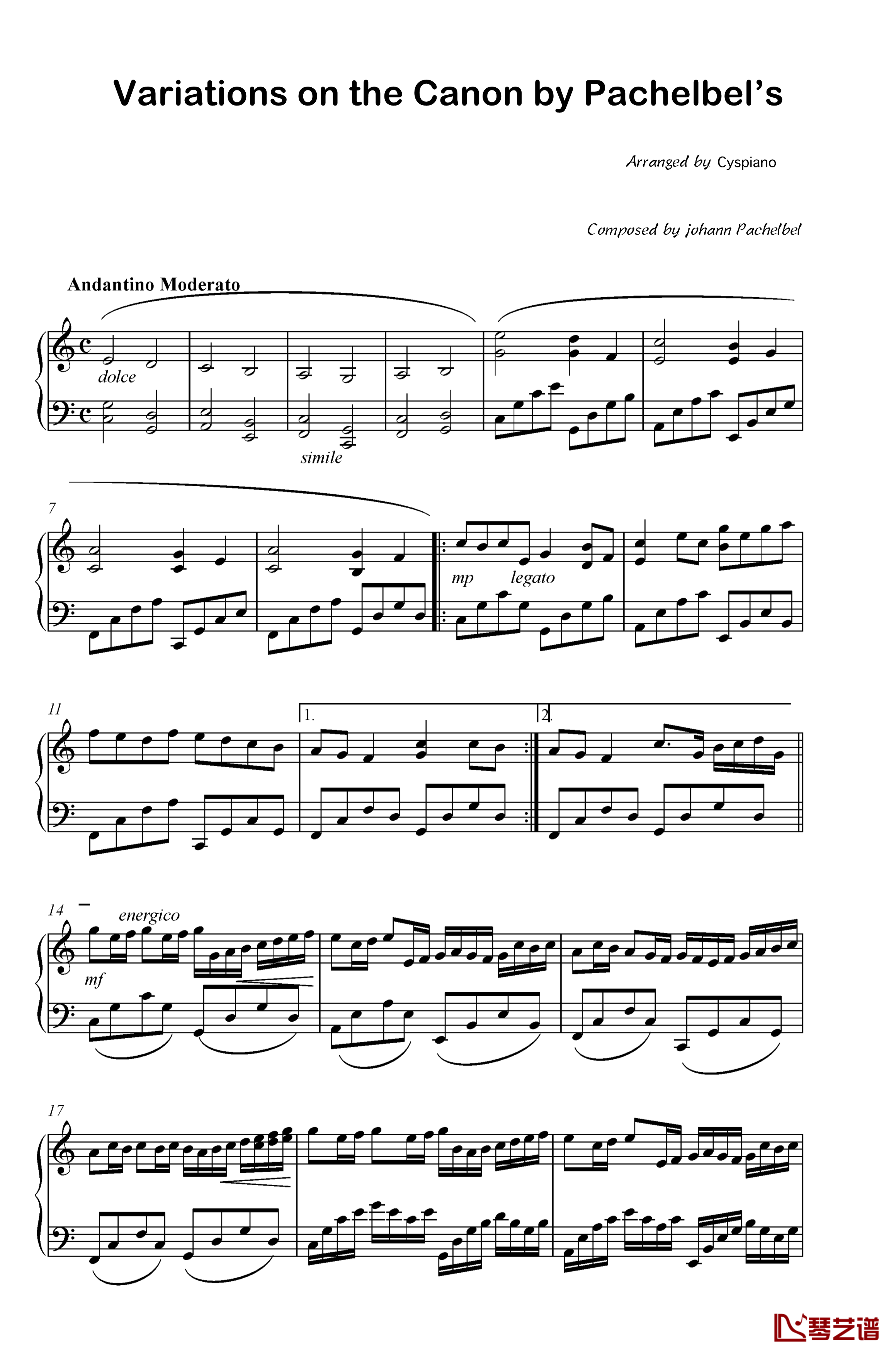卡农帕赫贝尔钢琴谱-C大调Pachelbel1
