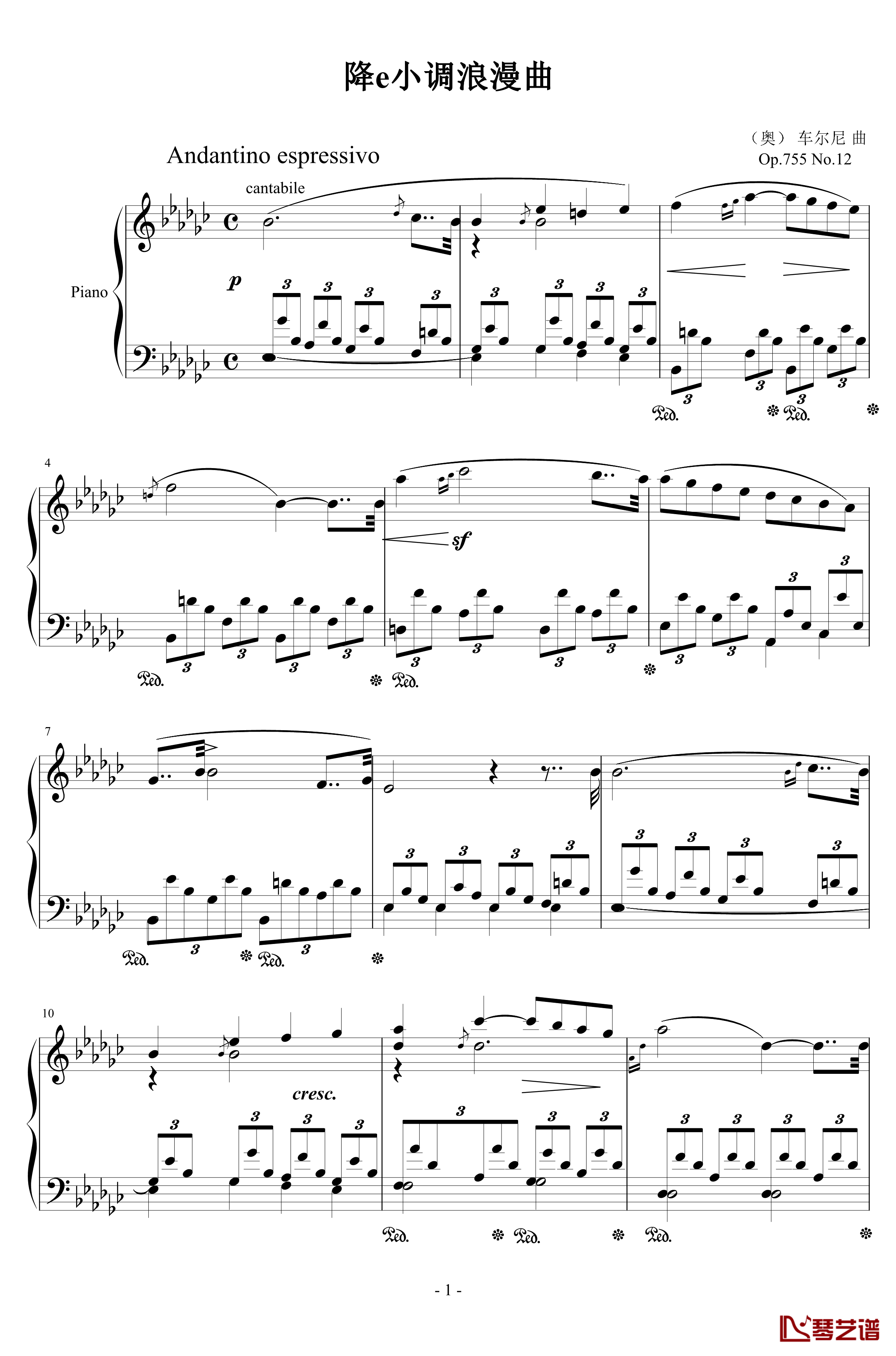 降e小调浪漫曲钢琴谱-Op.755  No.12-车尔尼-Czerny1