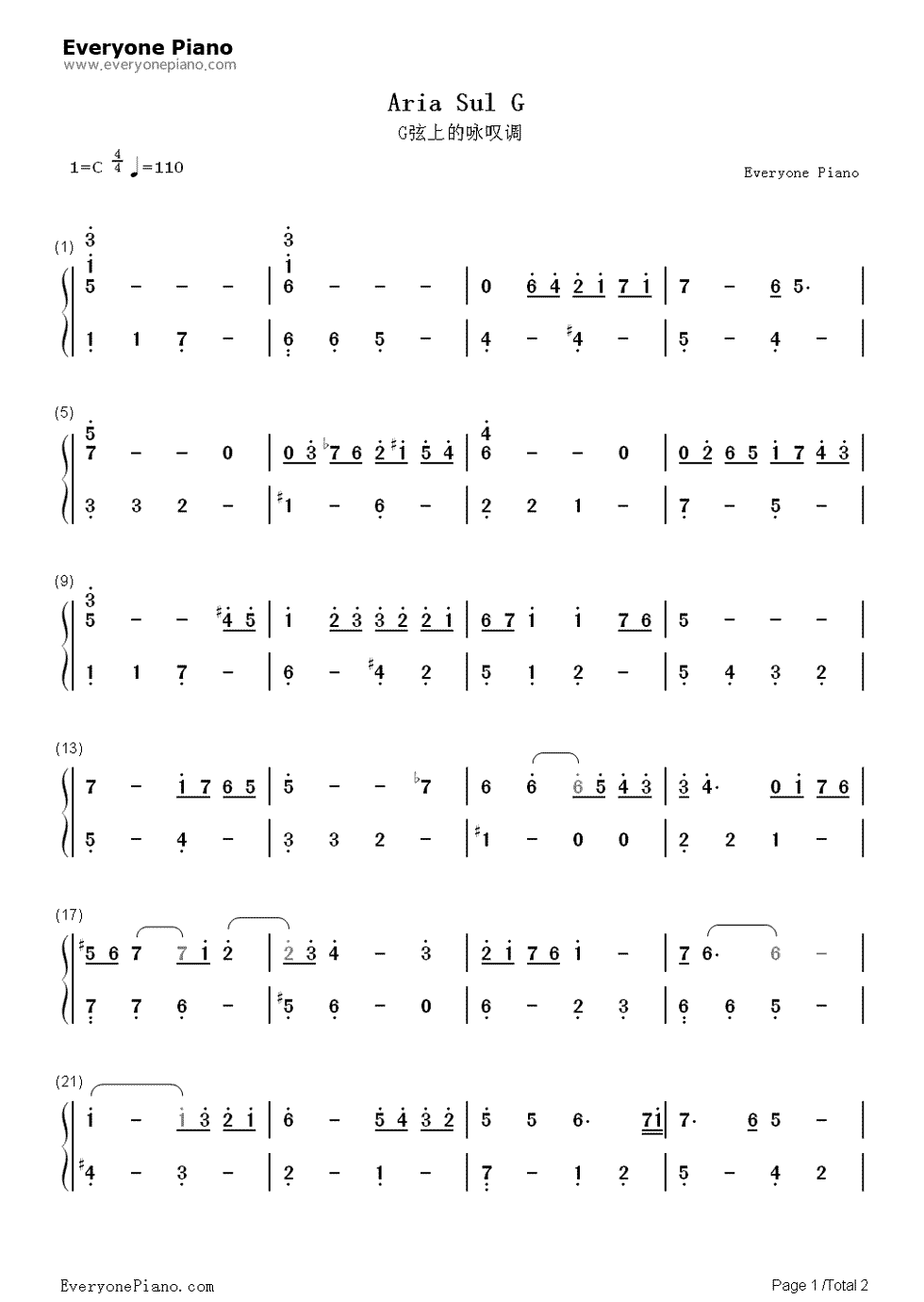 G弦上的咏叹调钢琴简谱-数字双手-巴赫1
