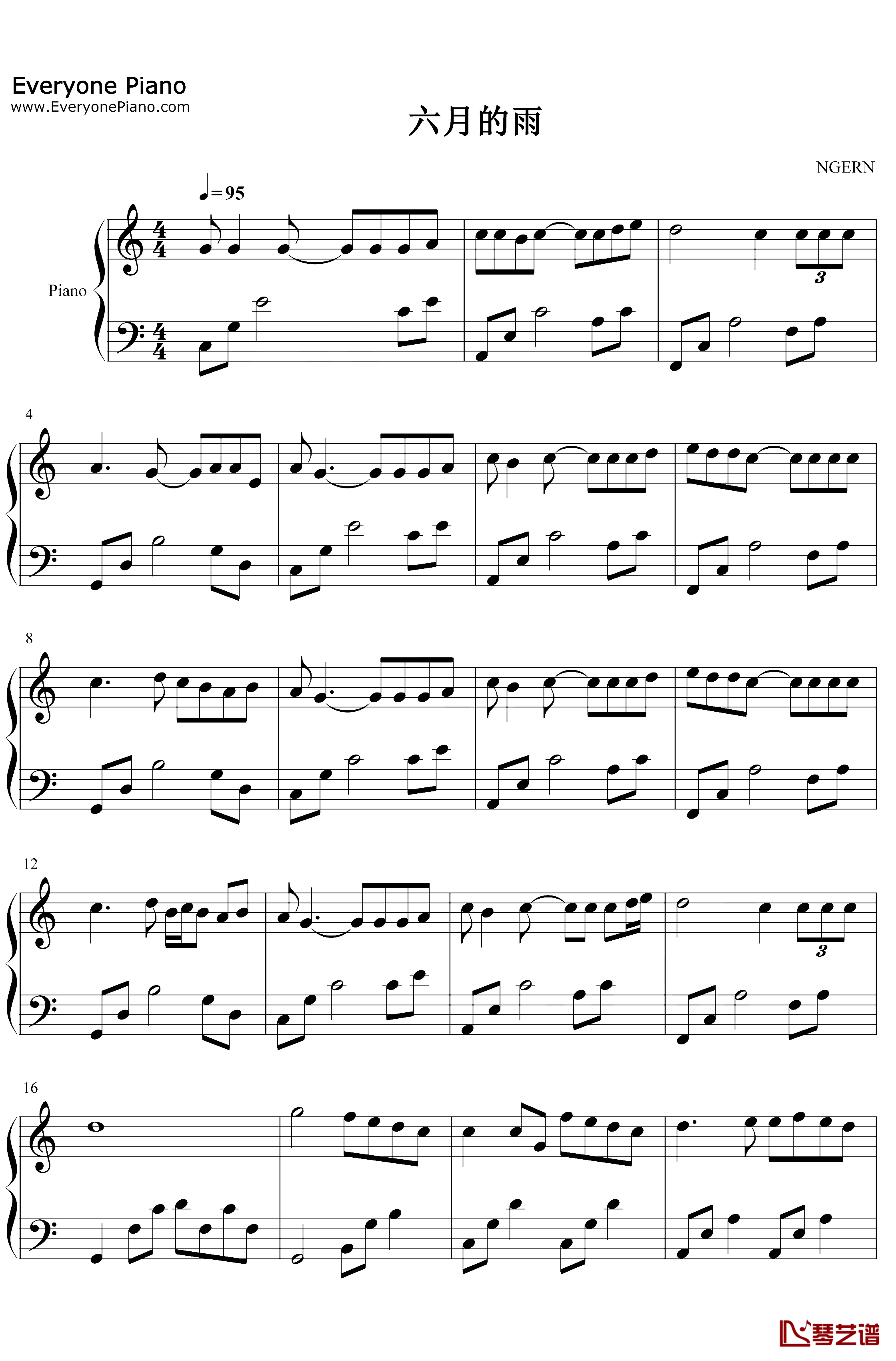 六月的雨钢琴谱-胡歌-C调简单版1