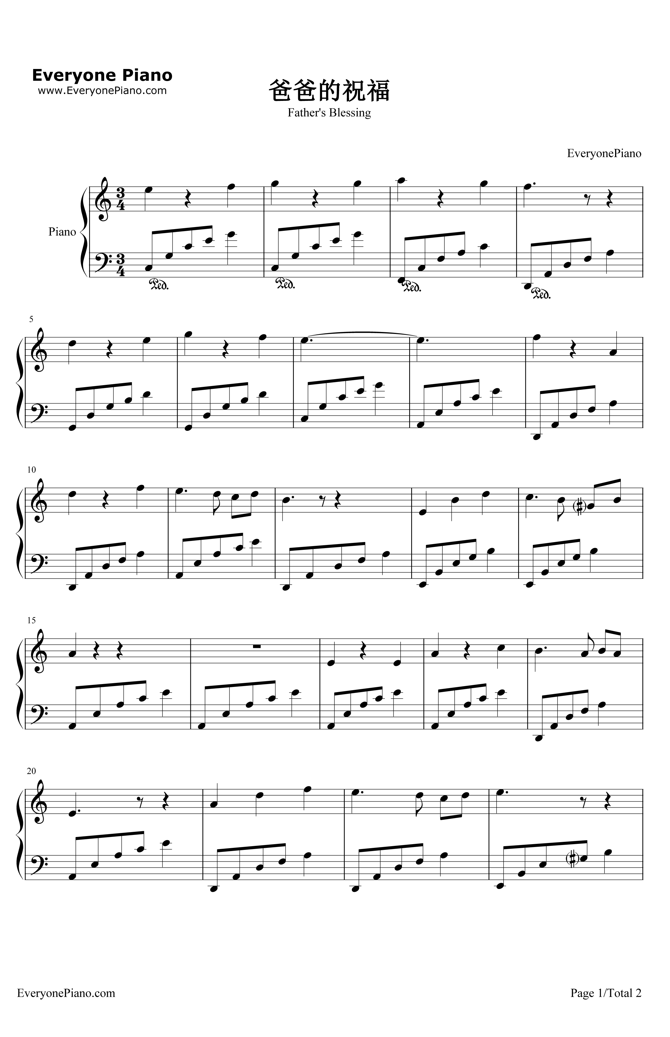 爸爸的祝福钢琴谱-李学范-金姬和银姬的命运插曲1