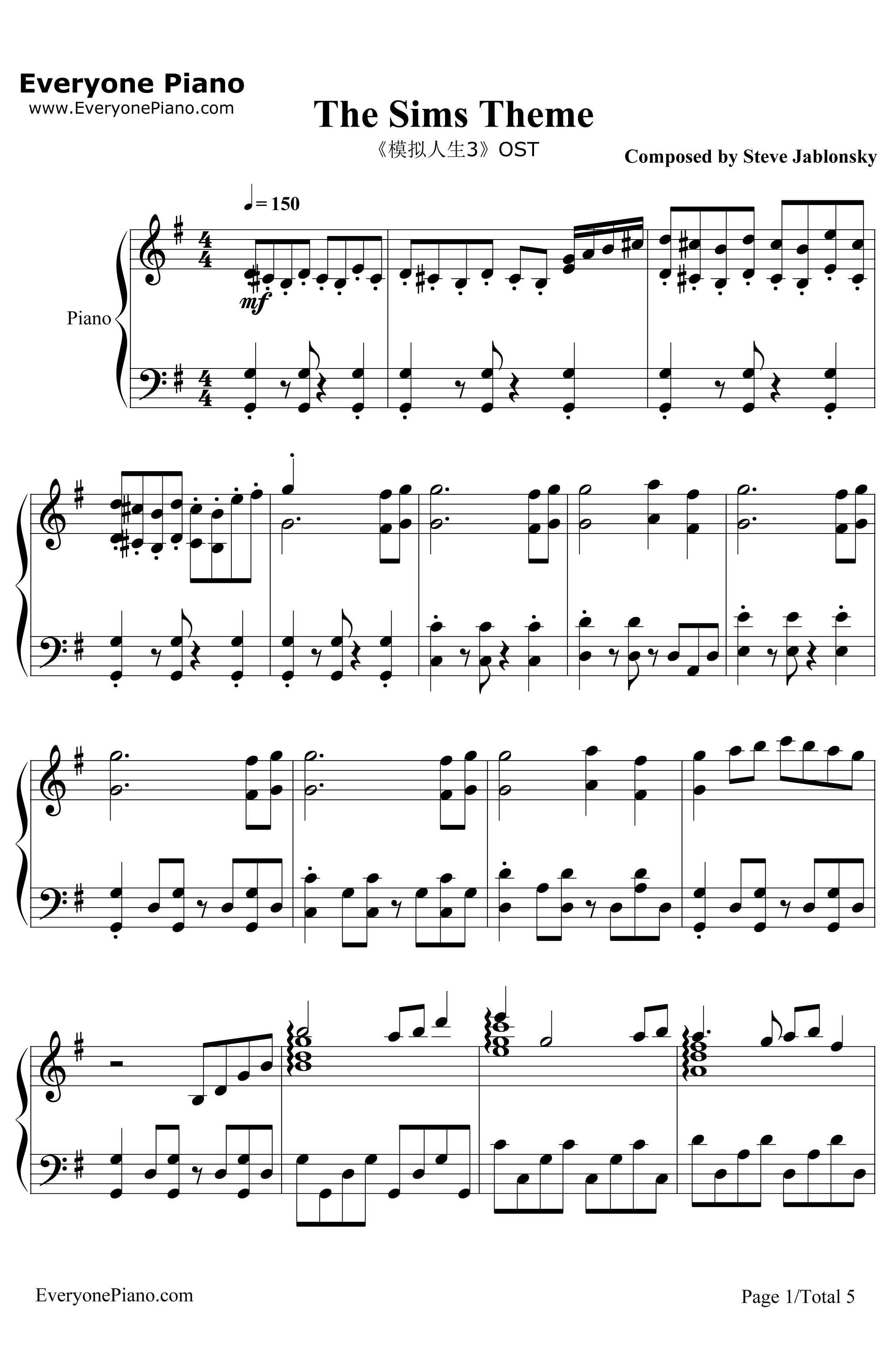 TheSimsTheme钢琴谱-SteveJablonsky-《模拟人生3》OST-EOP教学曲1