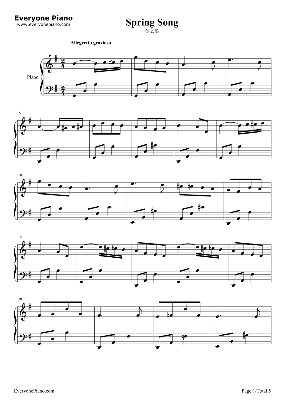 春之歌钢琴谱-门德尔松1