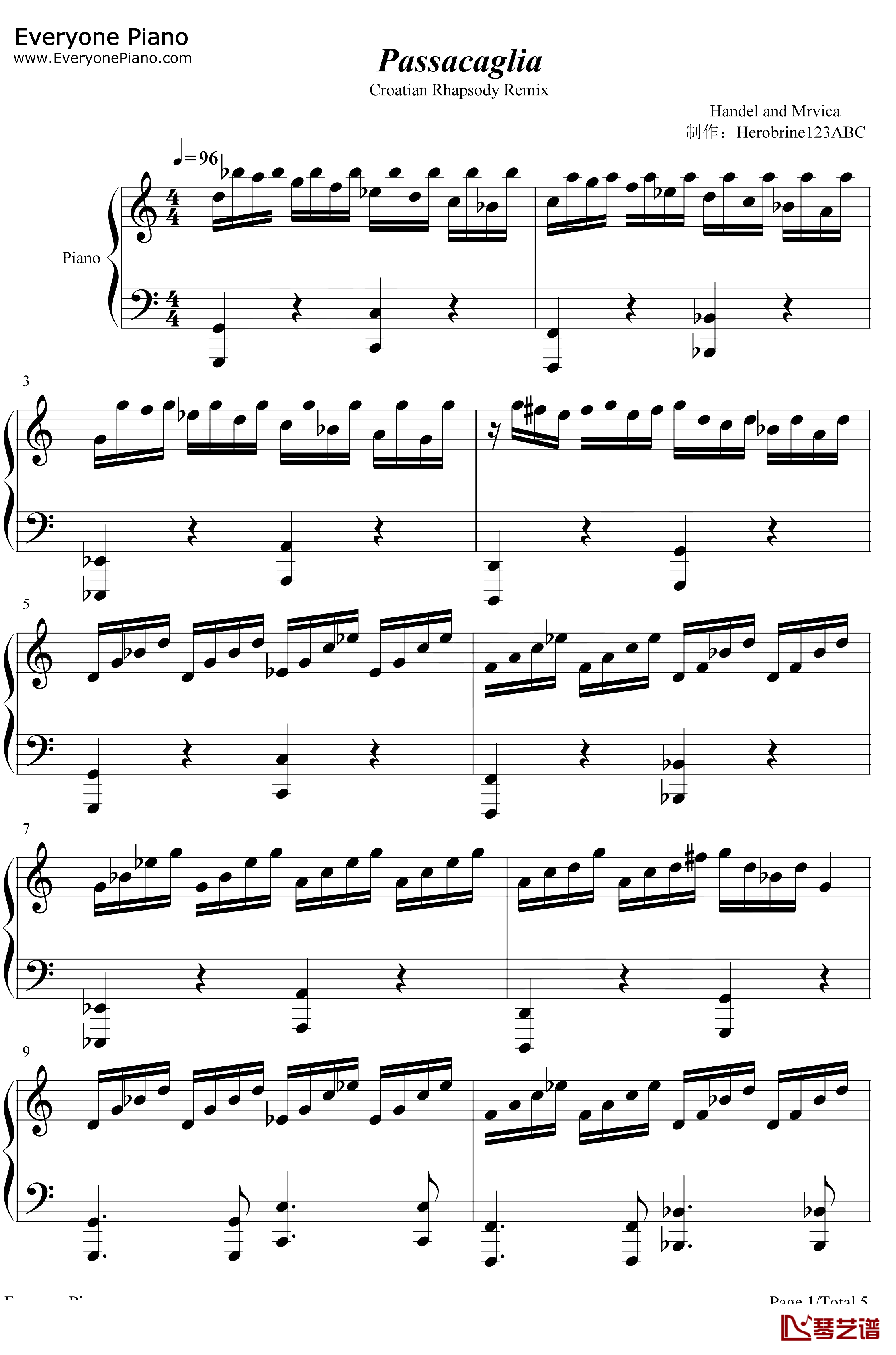 帕萨卡利亚克罗地亚变奏钢琴谱-Handel Mrvica-帕萨卡利亚克罗地亚变奏1
