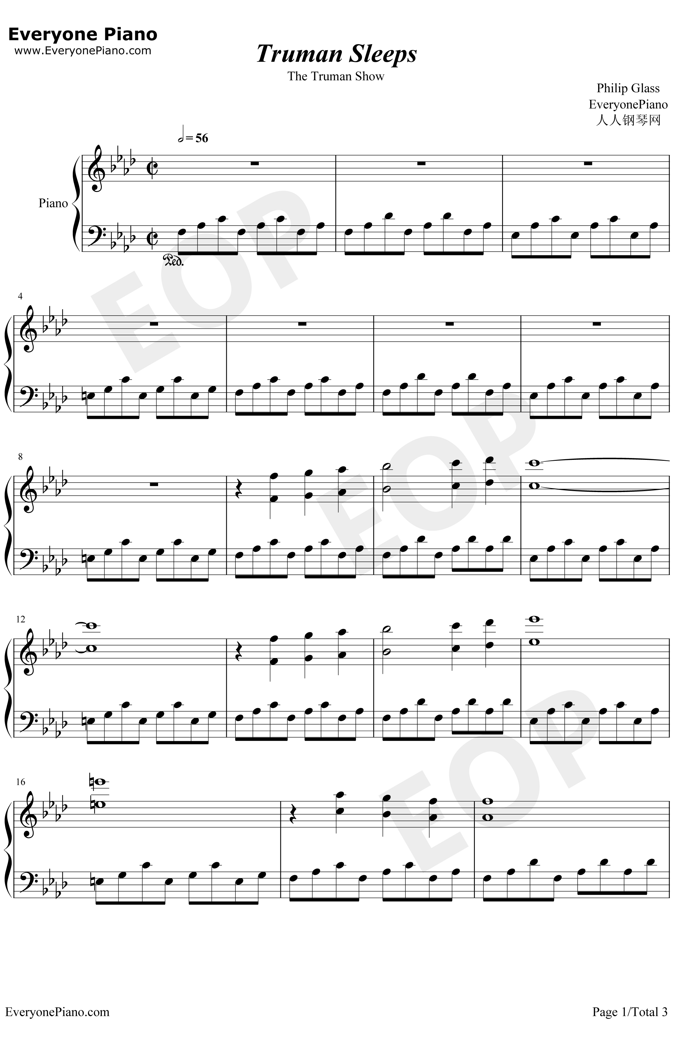Truman Sleeps钢琴谱-PhilipGlass-楚门的世界OST1