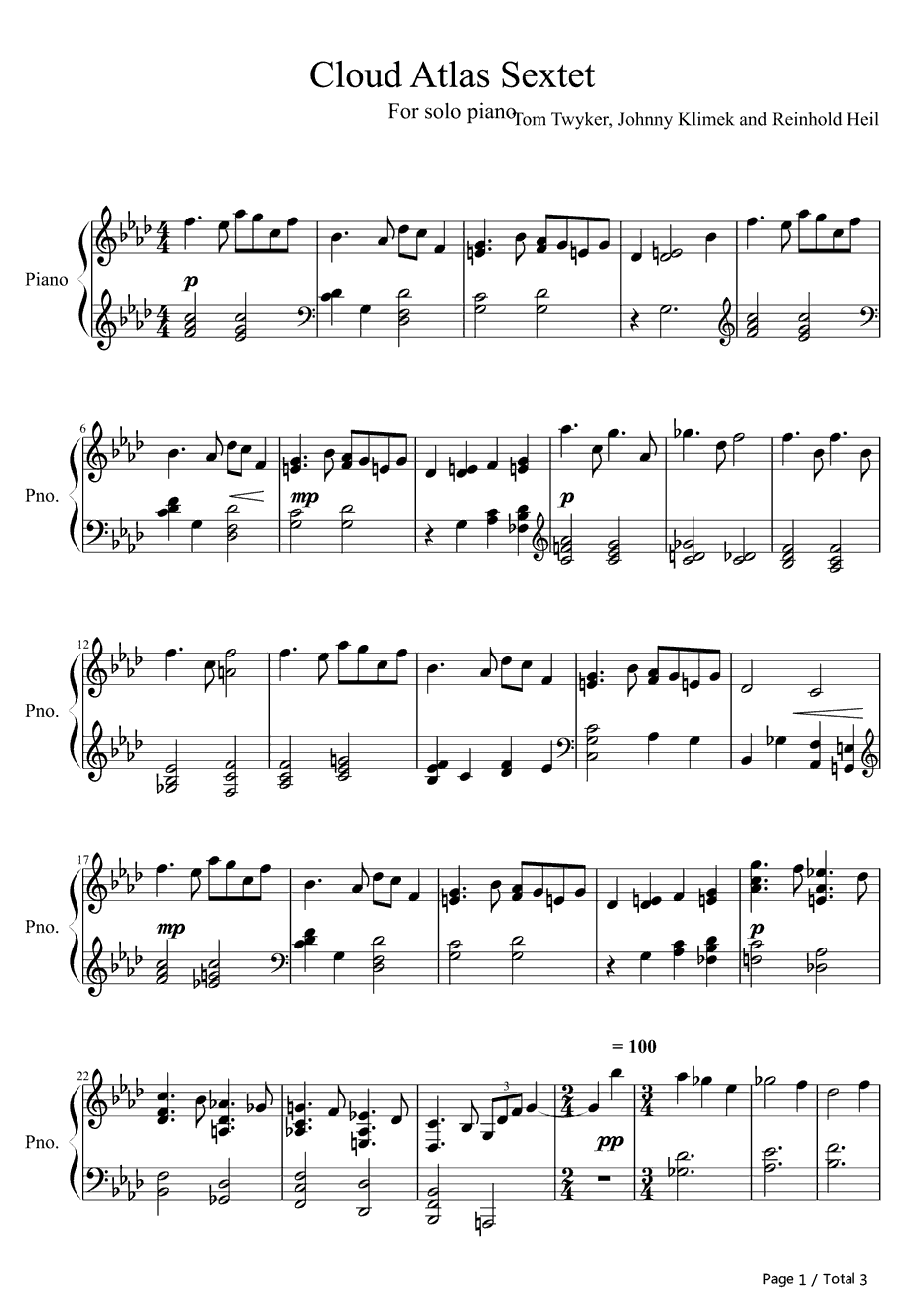 云图六重奏钢琴谱-TomTykwer-云图插曲1