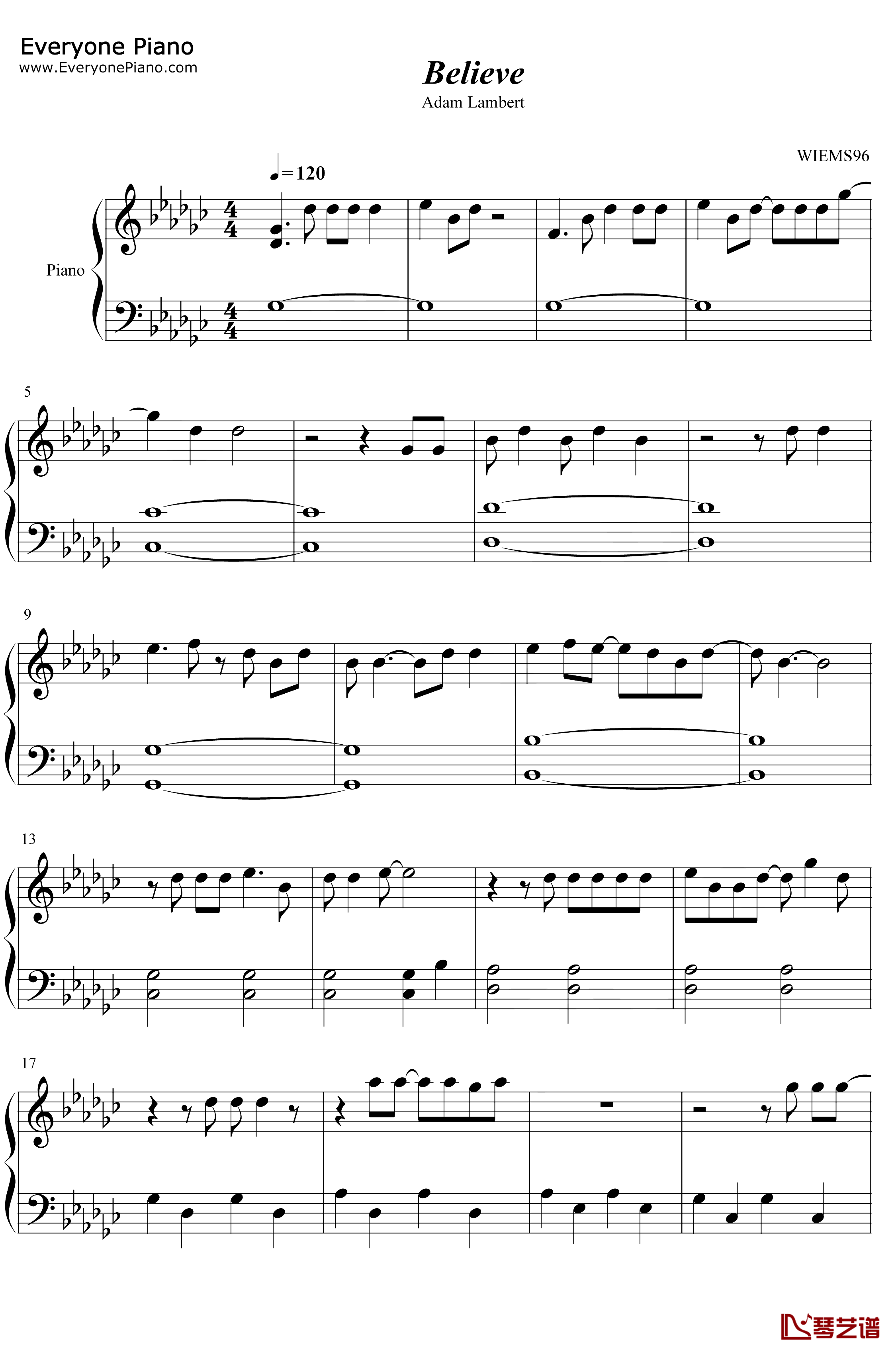 Believe钢琴谱-Adam Lambert1