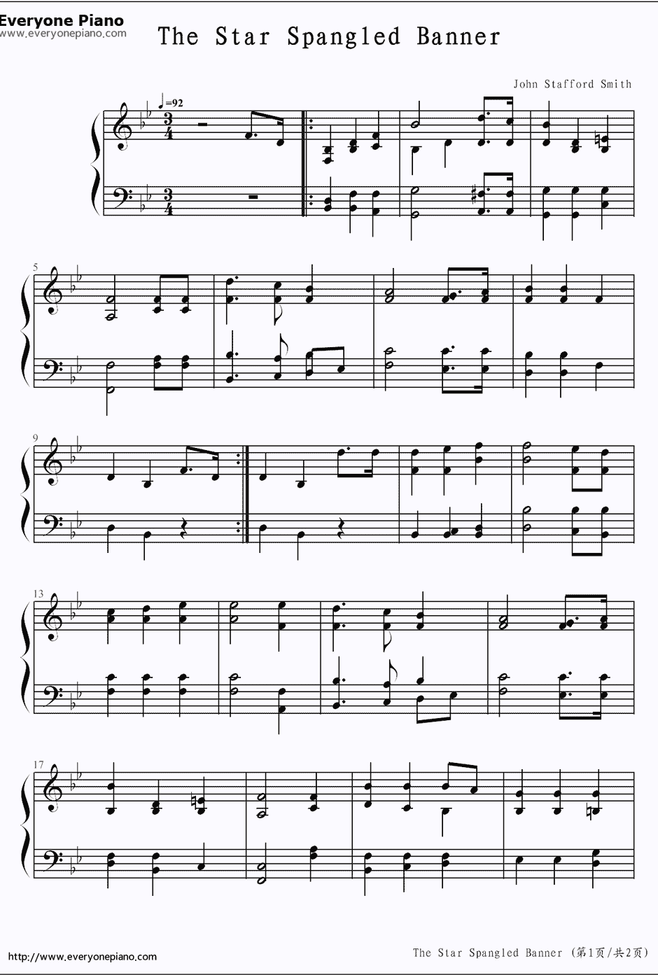 星条旗钢琴谱-约翰·斯塔福德·史密斯-美国国歌1