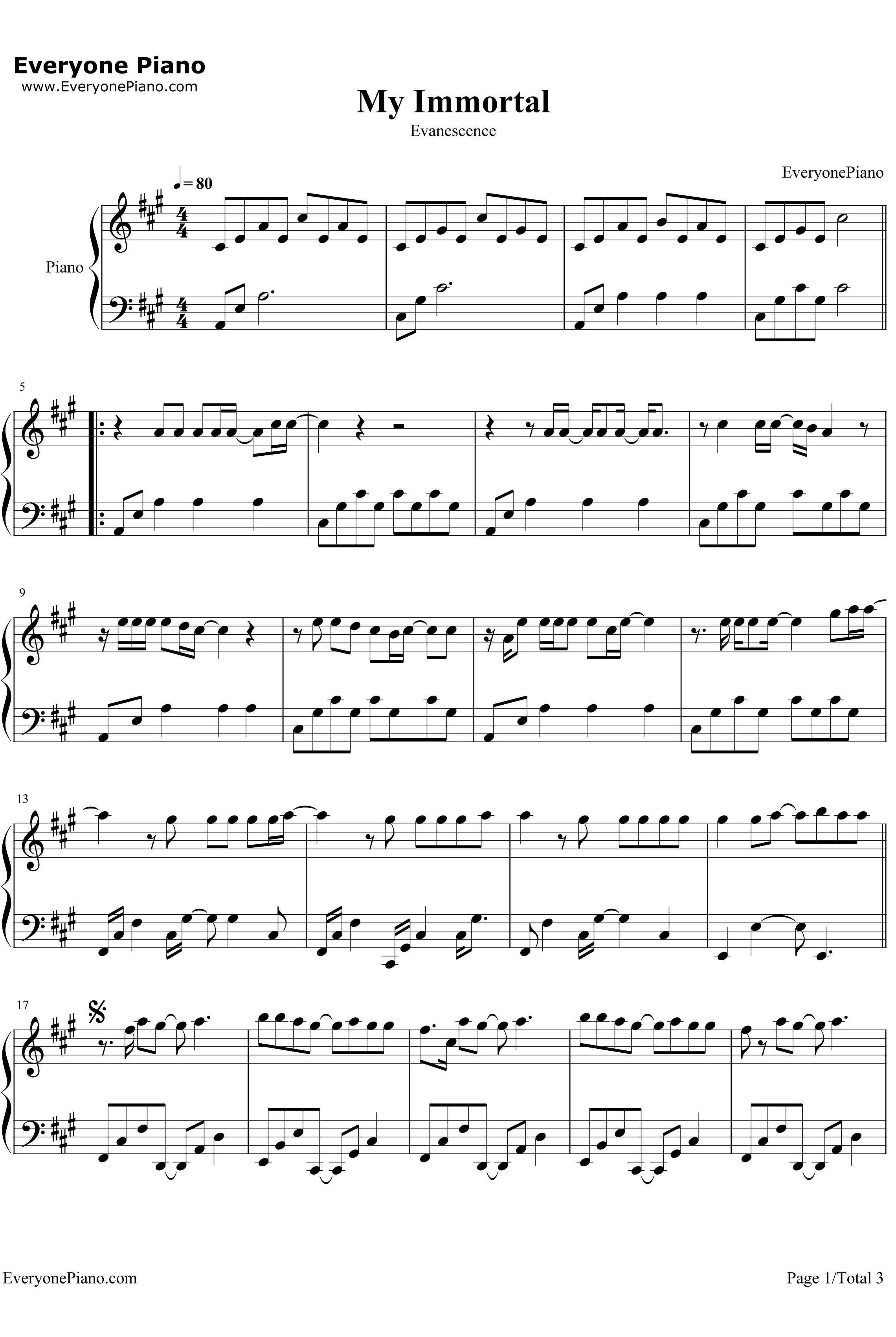 My Immortal钢琴谱--Evanescence1