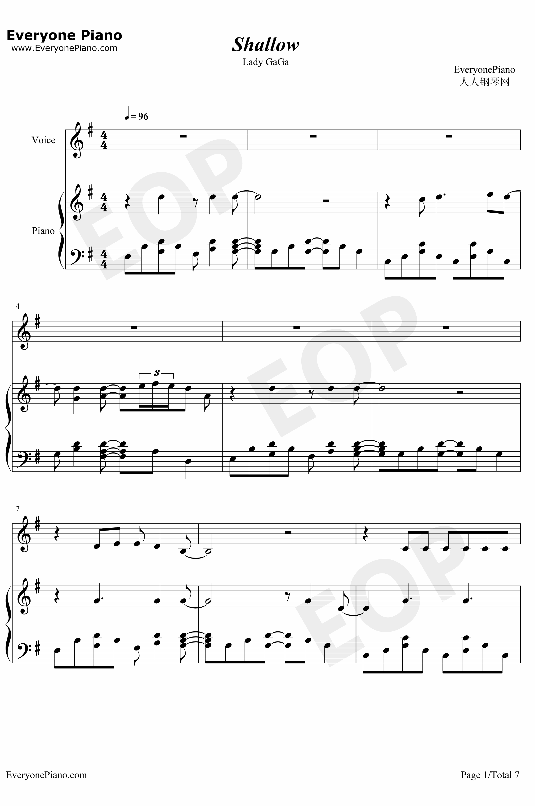 Shallow钢琴谱-LadyGagaBradleyCooper-一个明星的诞生OST1