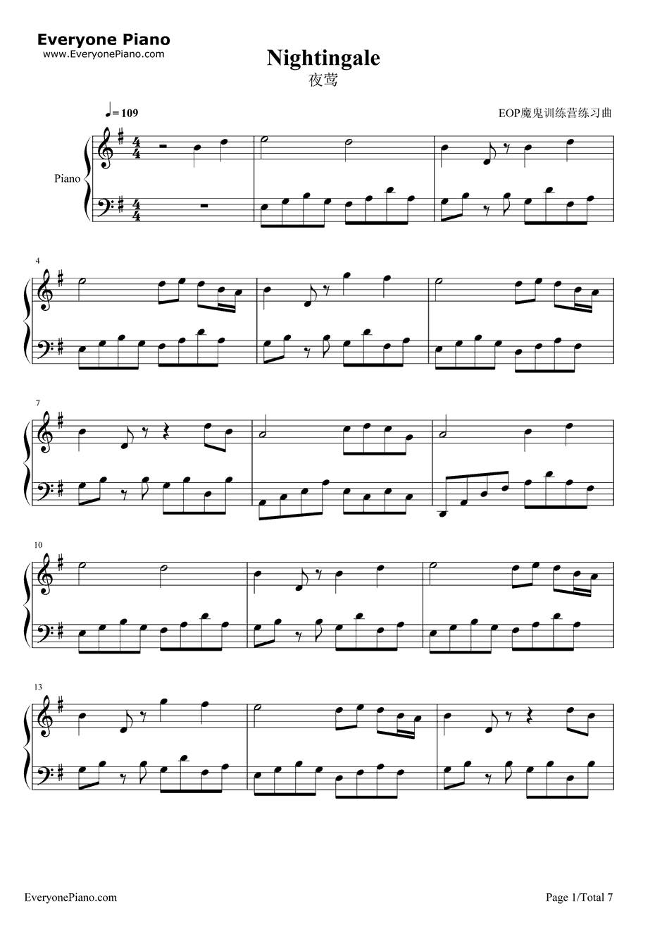夜莺钢琴谱-雅尼Yanni-Nightingale1