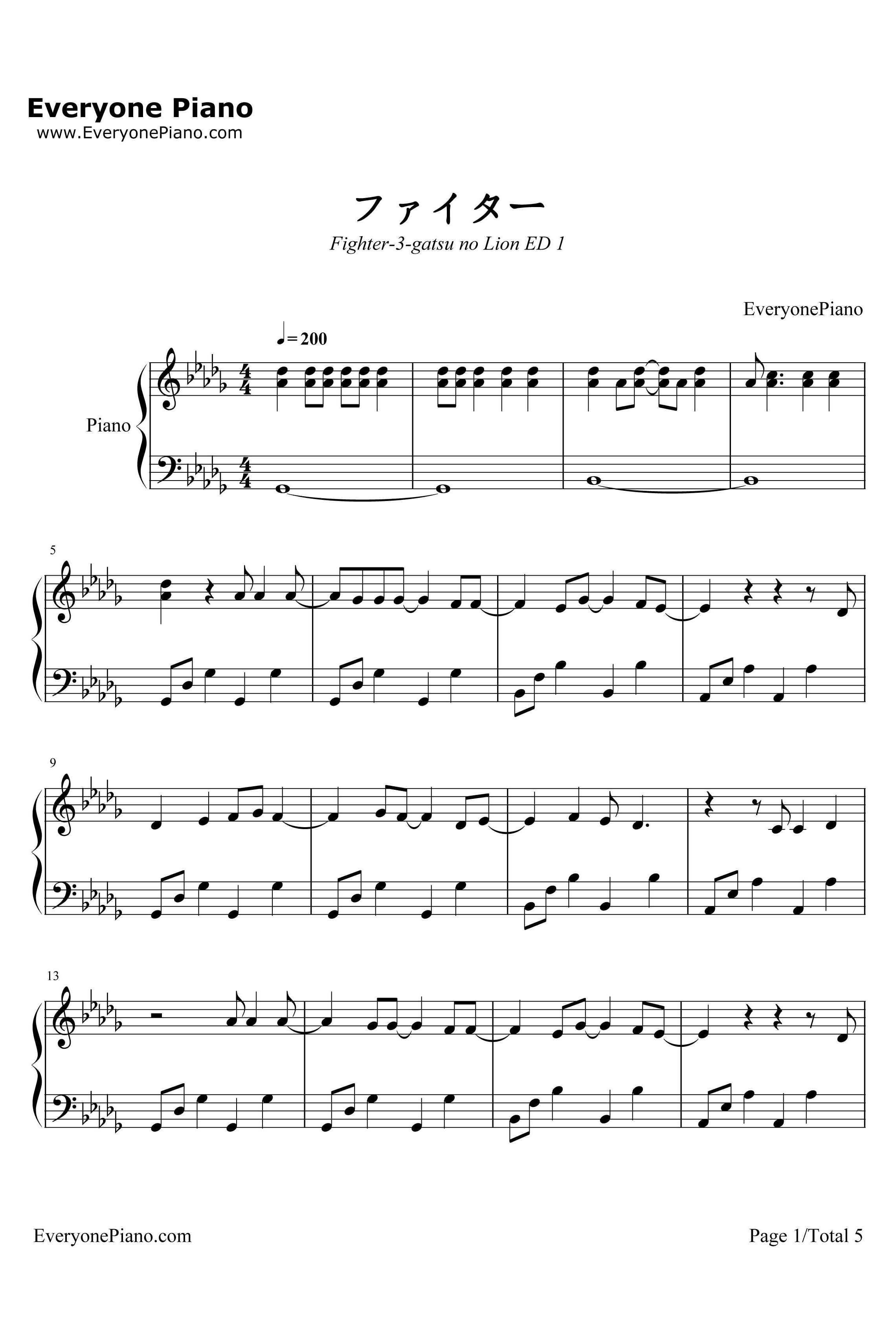 ファイター钢琴谱-BUMPOFCHICKEN-3月的狮子ED1