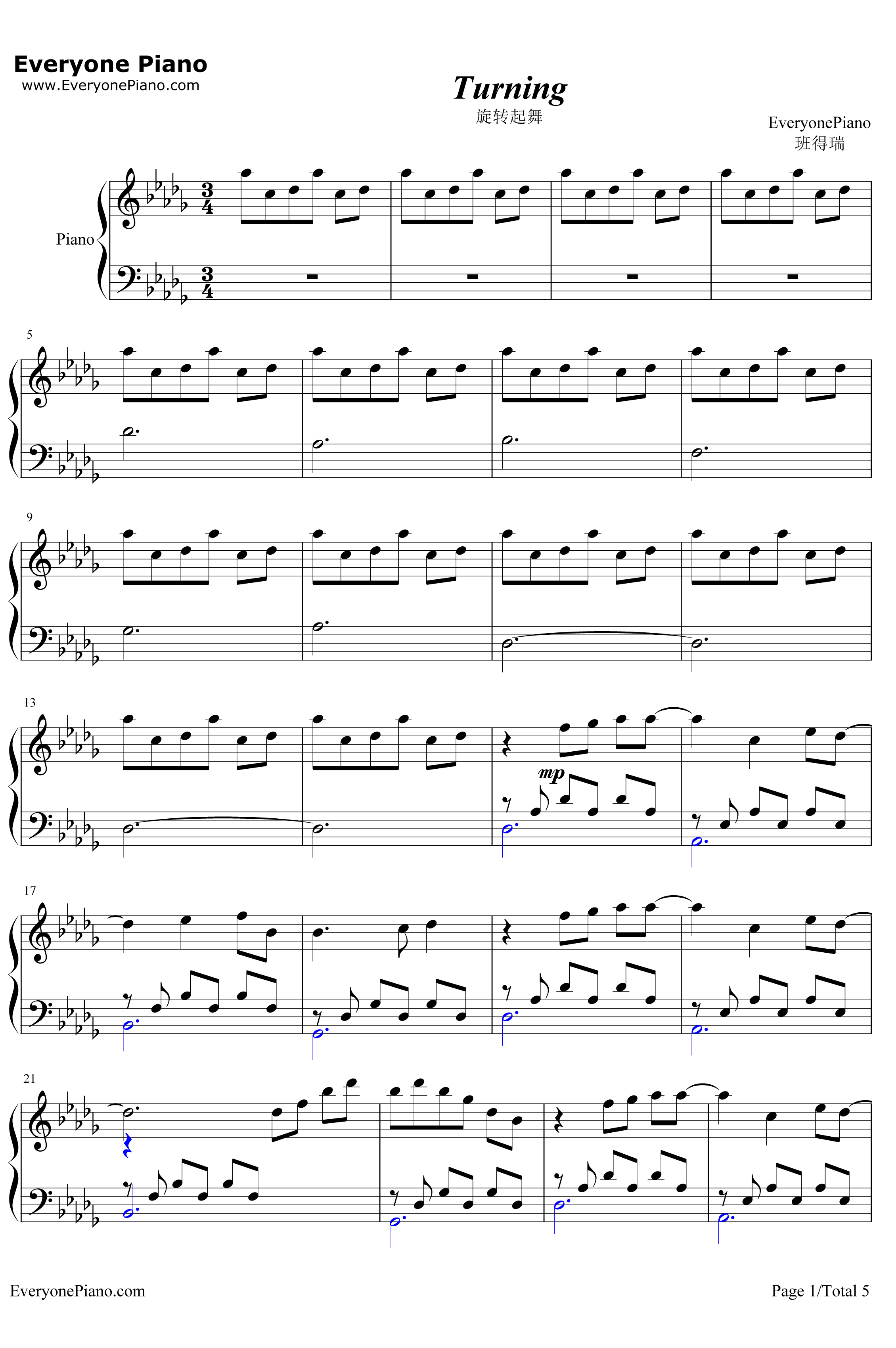 Turning钢琴谱 -班得瑞1