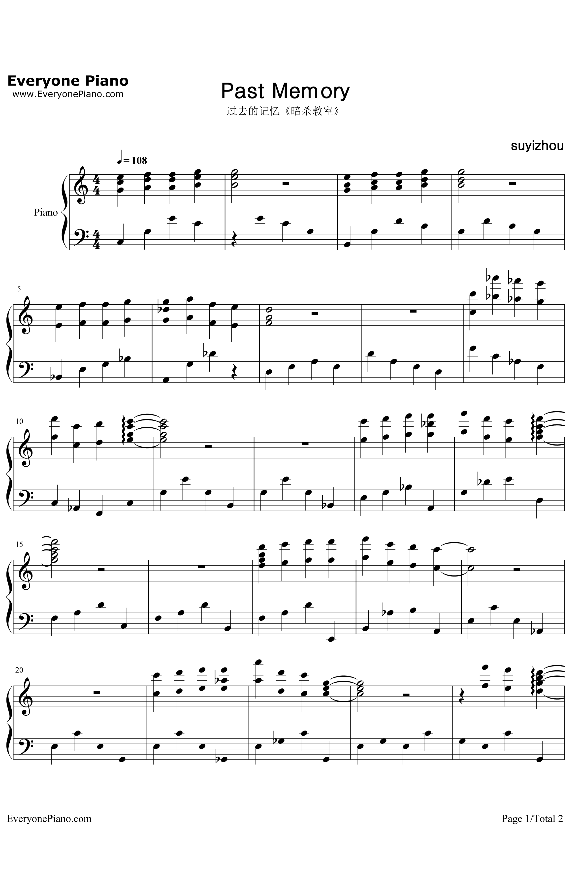 PastMemory钢琴谱-NaokiSatō-暗杀教室OST1