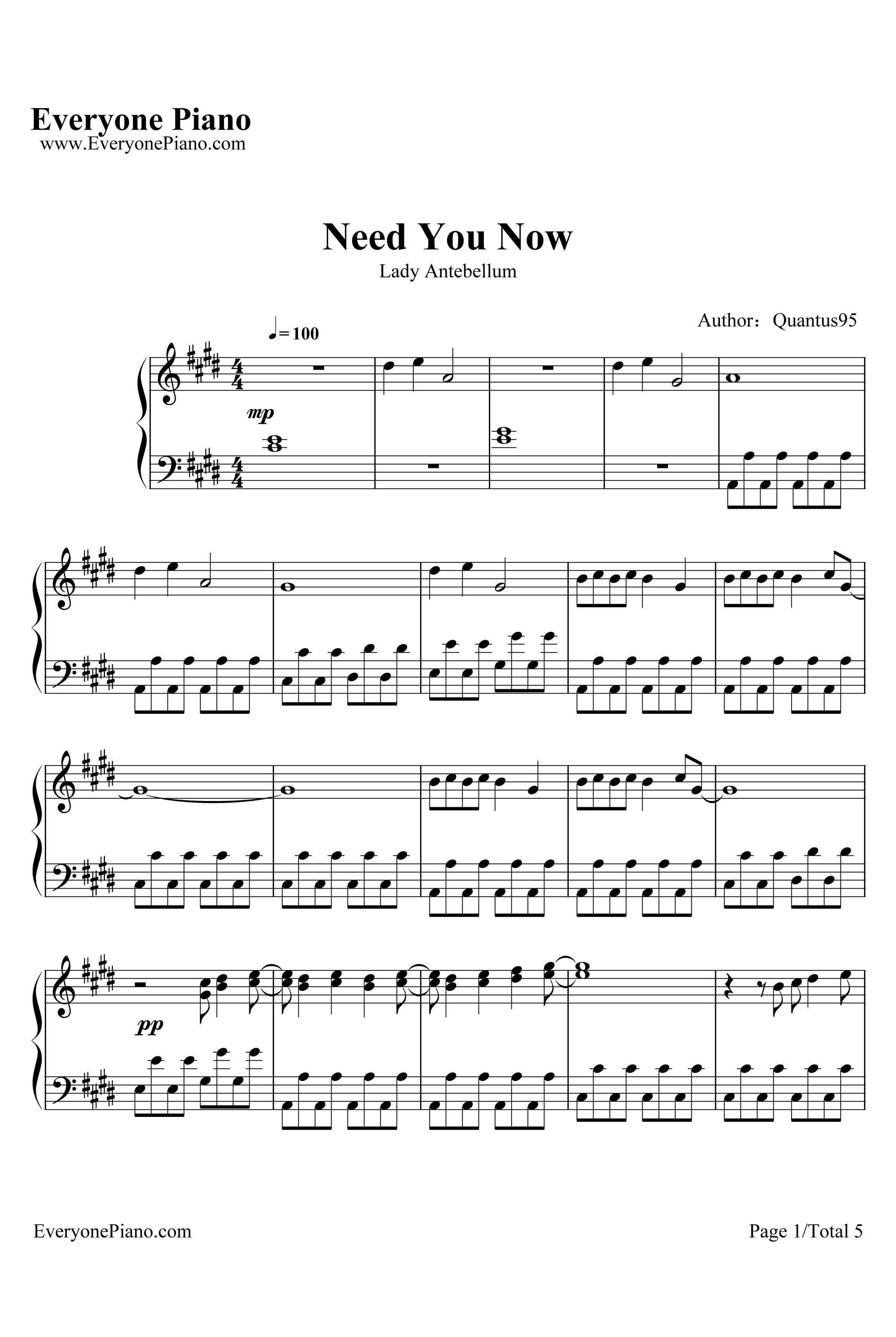 Need You Now钢琴谱-LadyAntebellum-格莱美获奖歌曲1