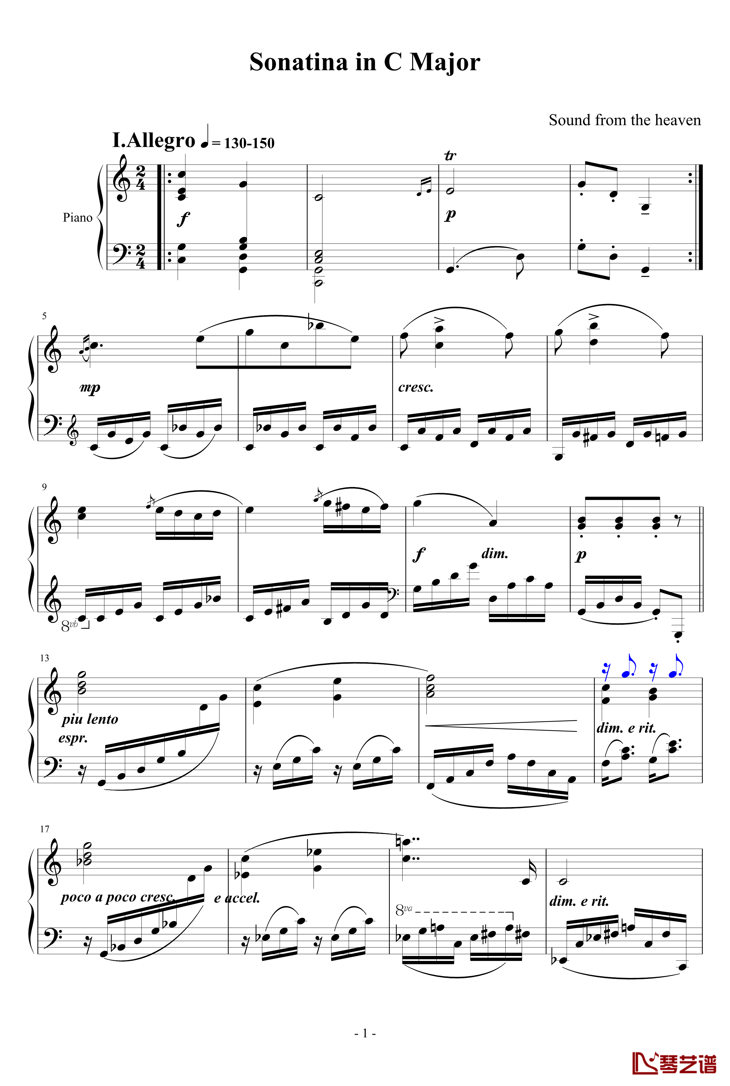 C大调小奏鸣曲钢琴谱-第一乐章-天籁传声1