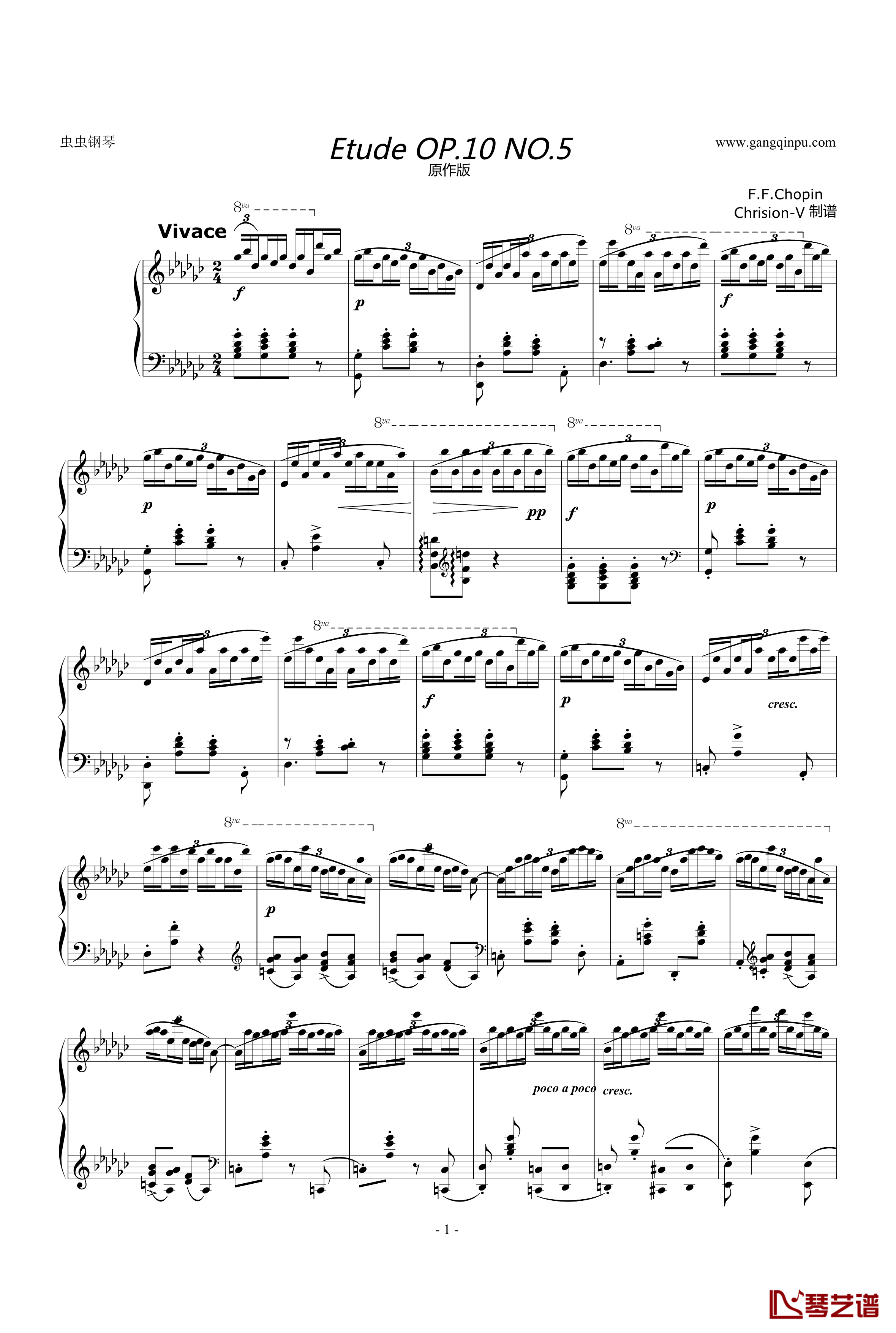 肖邦练习曲钢琴谱-Etude OP.10 No.5-黑键-肖邦-chopin1