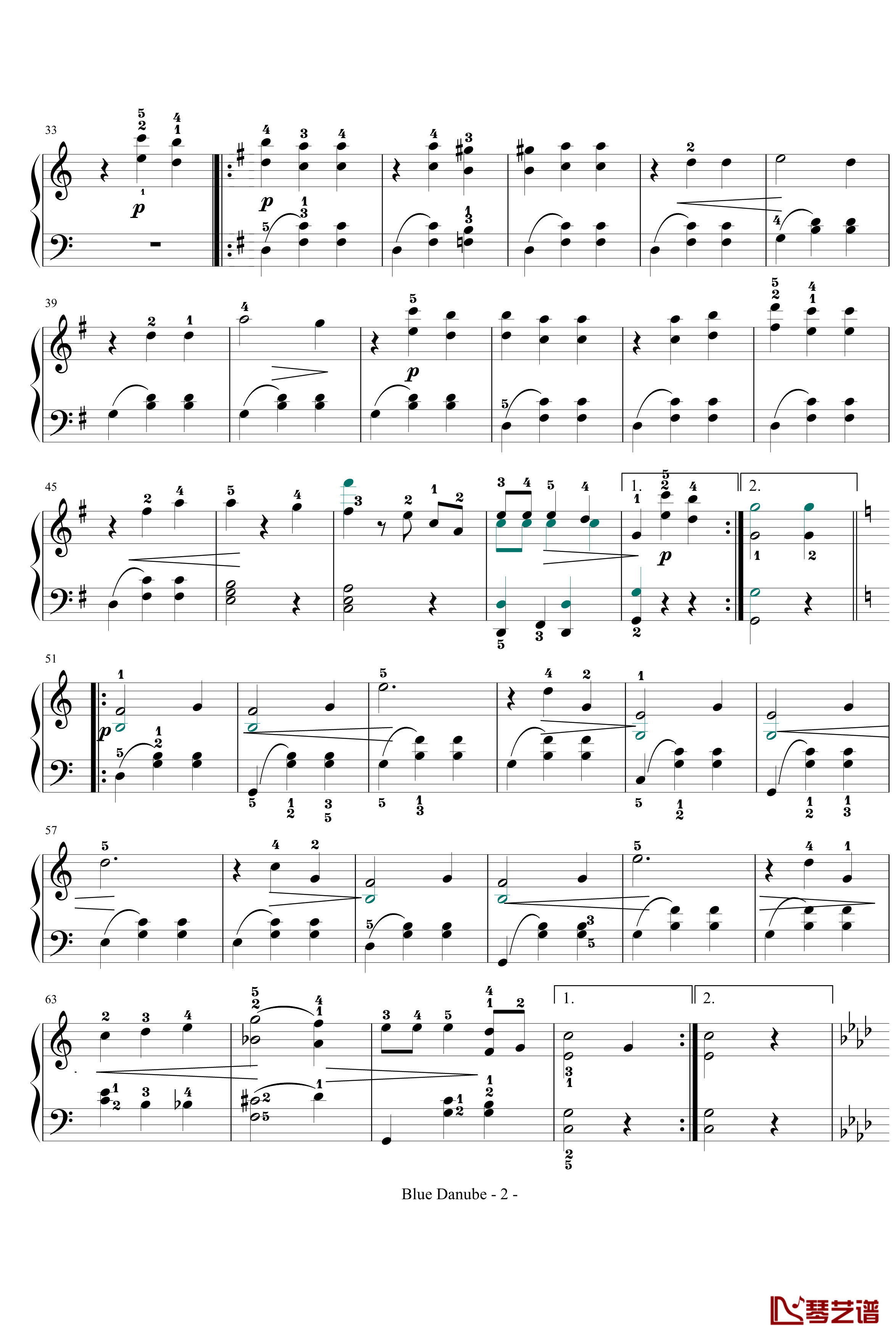 蓝色多瑙河钢琴谱-完整-带指法简化-约翰·斯特劳斯2