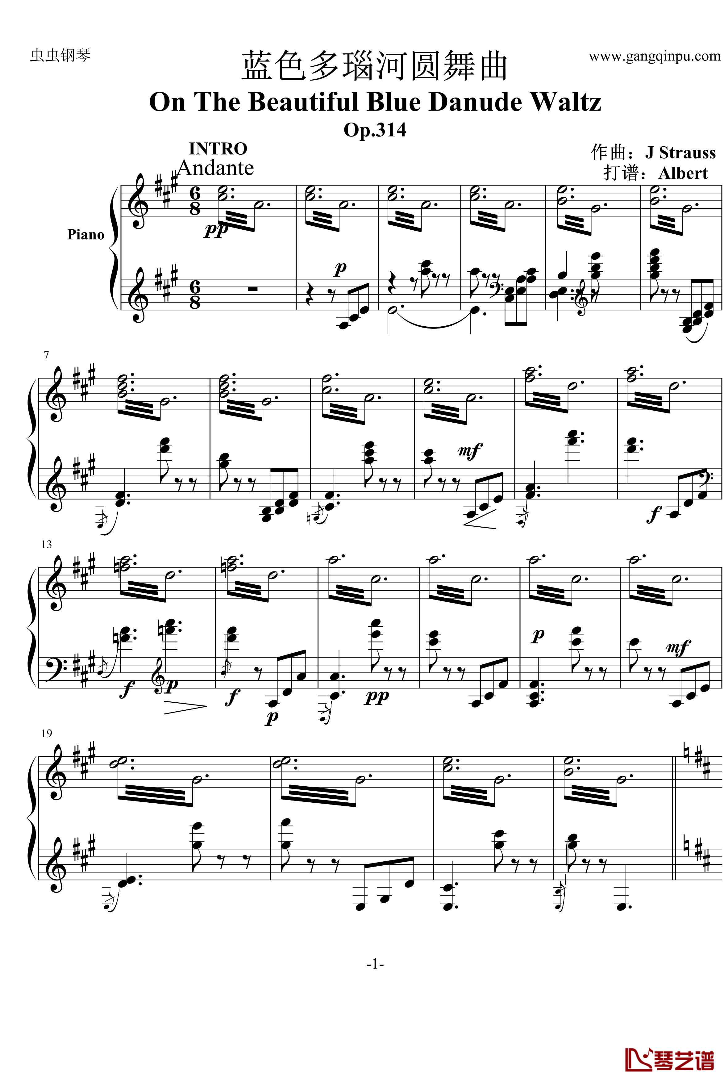 蓝色多瑙河钢琴谱-接近原版-约翰·斯特劳斯1