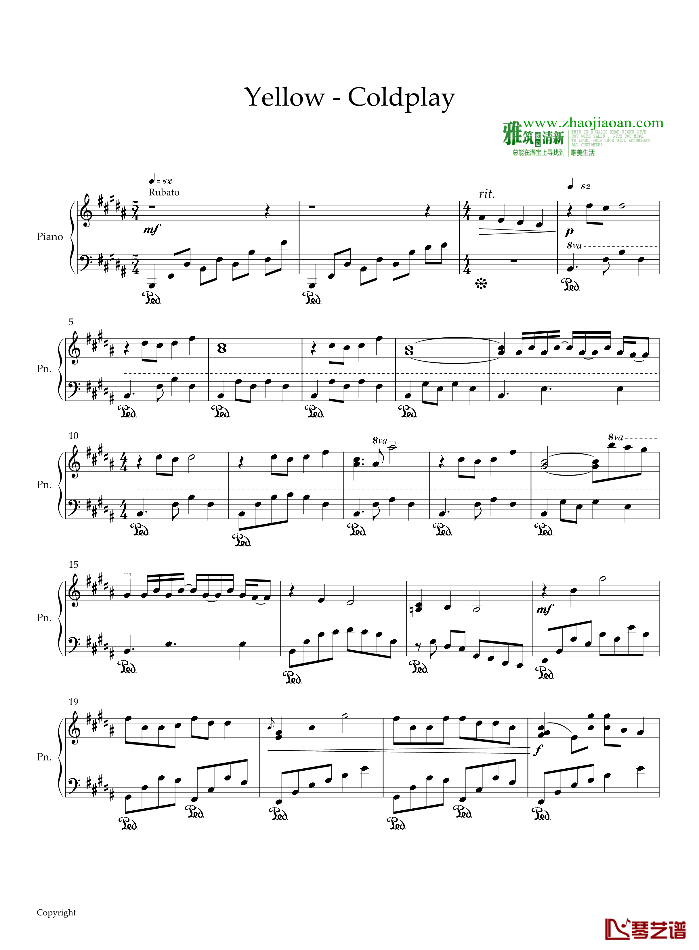yellow钢琴谱- JEM1