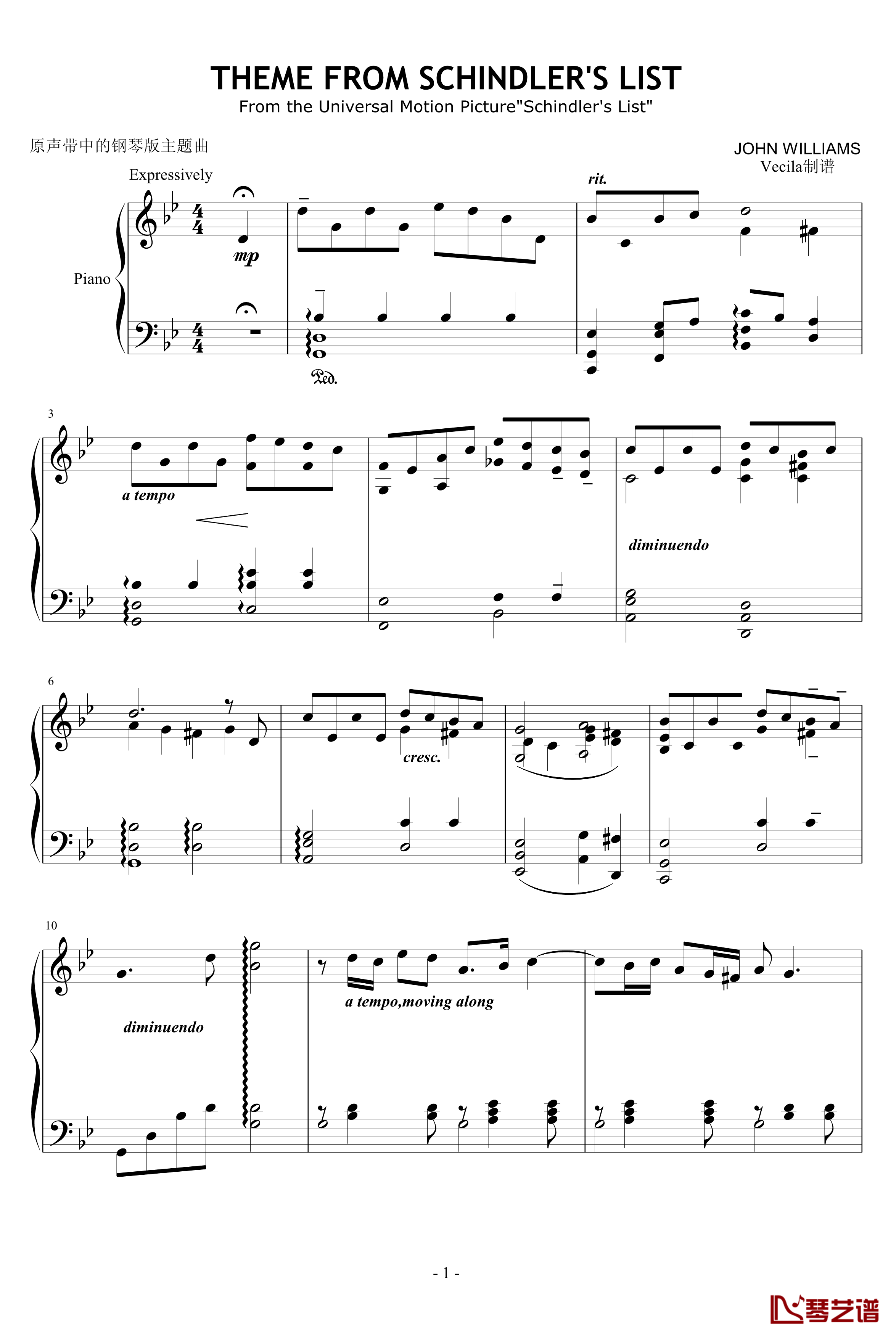 辛德勒的名单钢琴谱-钢琴,原版-reprise-影视1