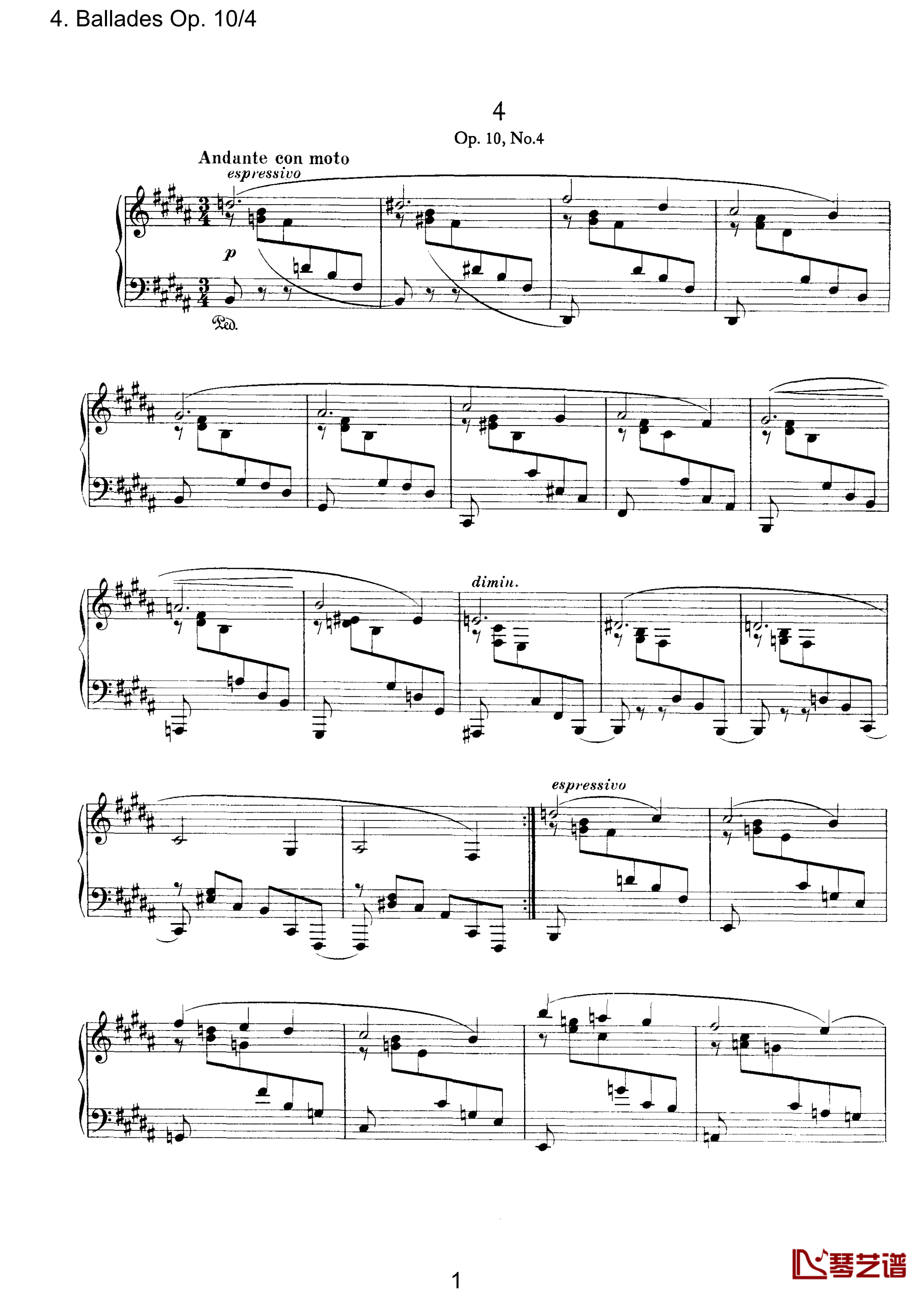叙事曲钢琴谱-Op.10  No.4-勃拉姆斯1