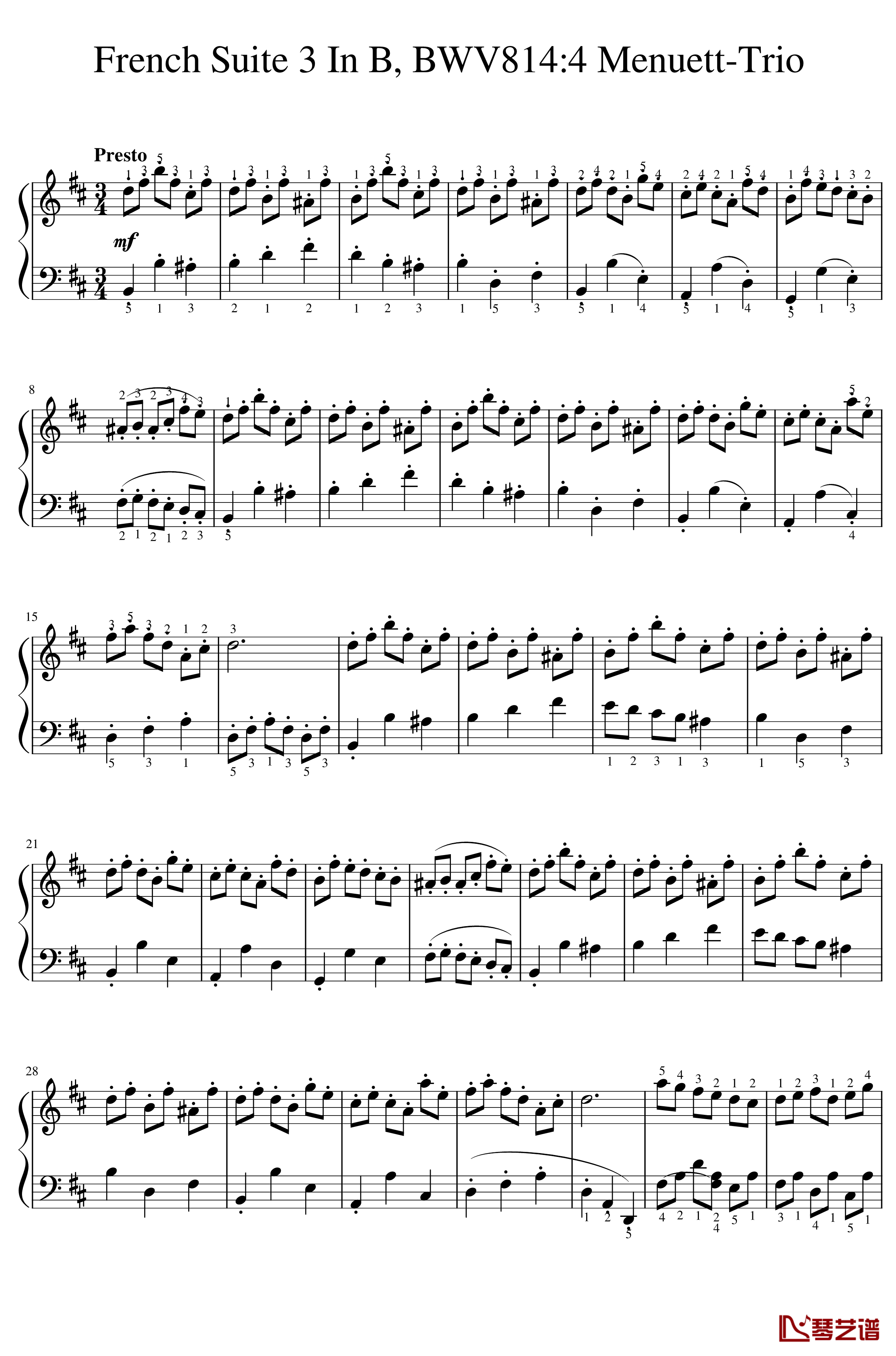 B小调法国组曲No.3小步舞曲钢琴谱-带指法-巴哈-Bach, Johann Sebastian1