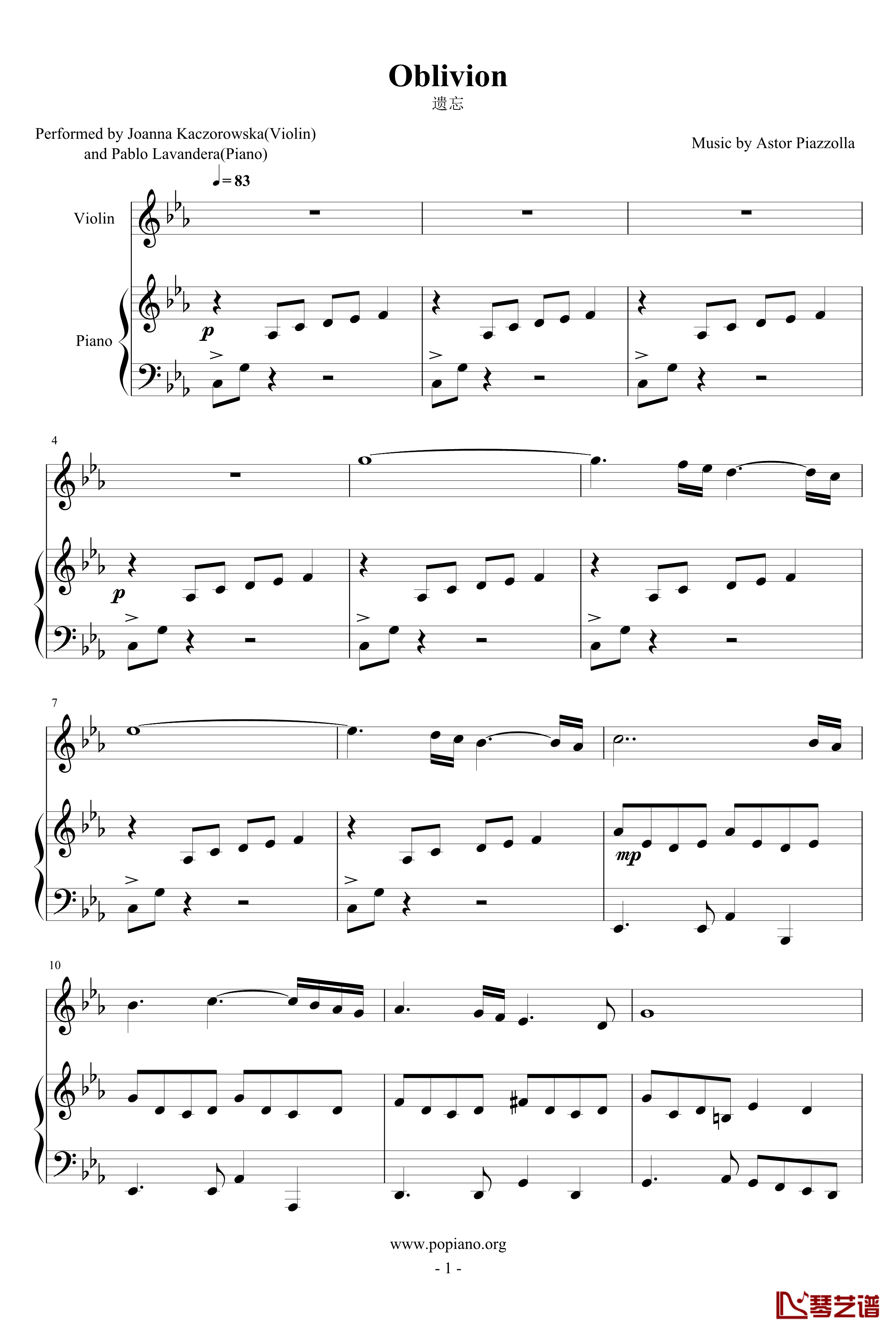 Oblivion钢琴谱-钢琴+小提琴-皮亚佐拉1