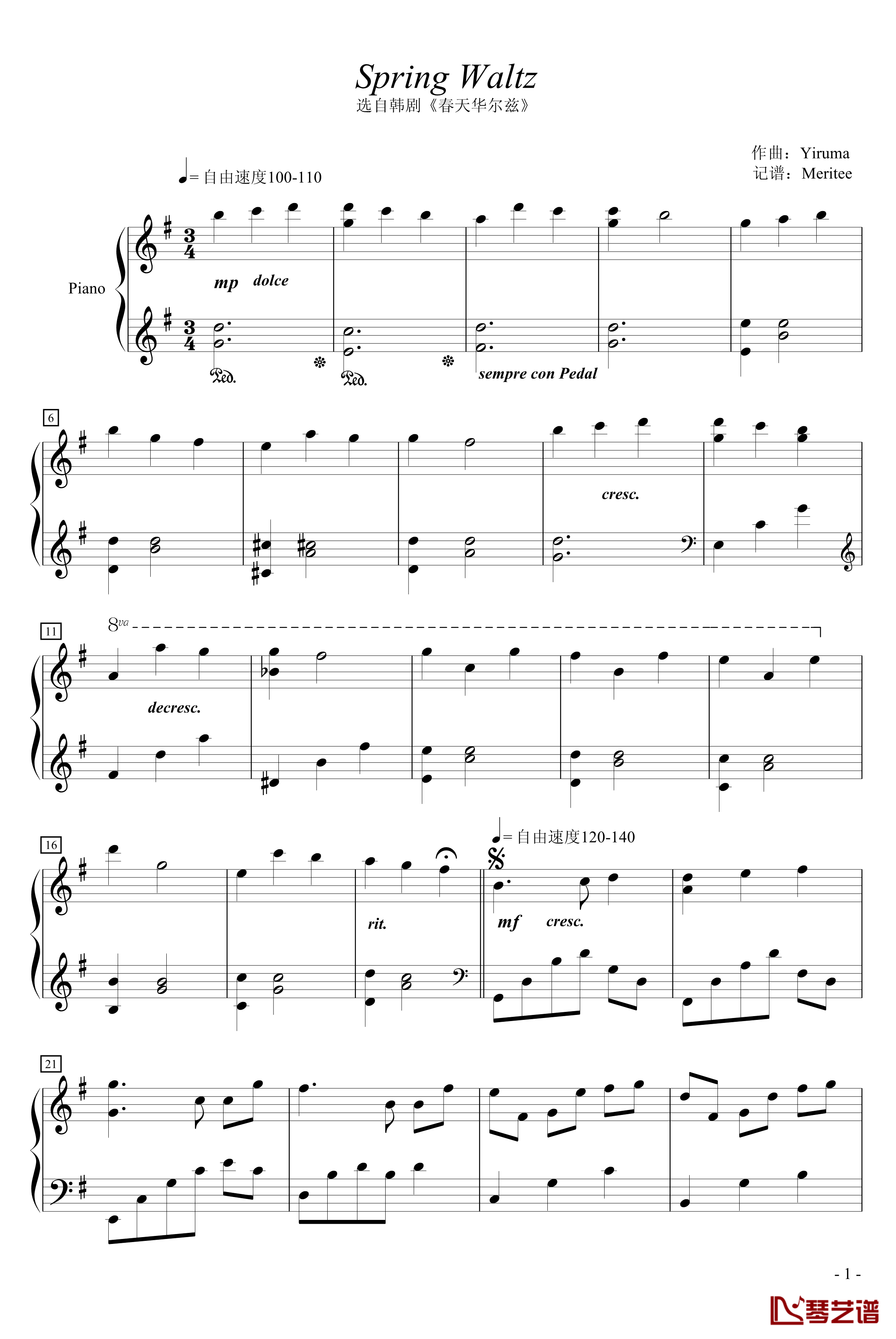 Spring Waltz钢琴谱-春天华尔兹-Yiruma1