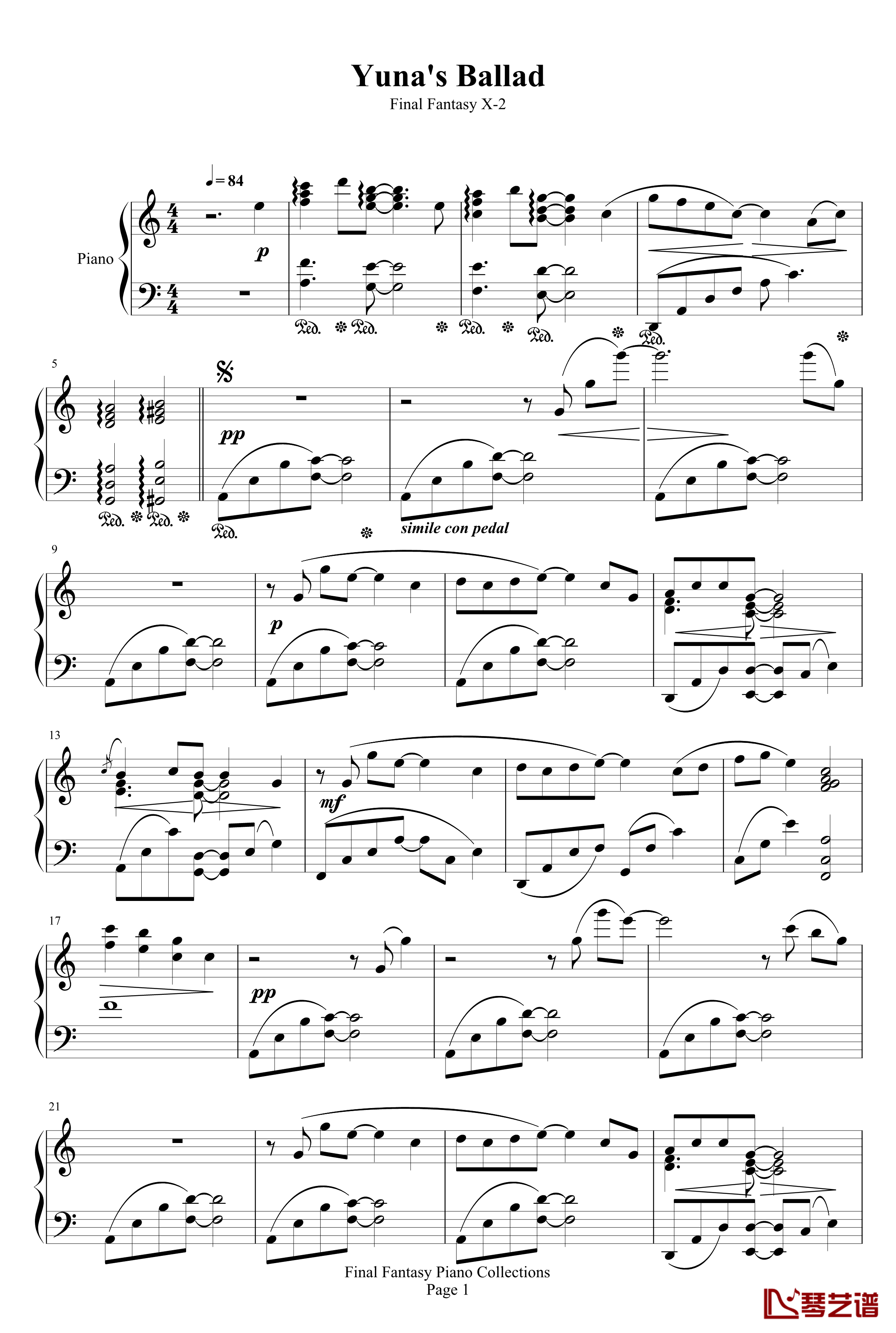 Yuna's Ballad钢琴谱-最终幻想1