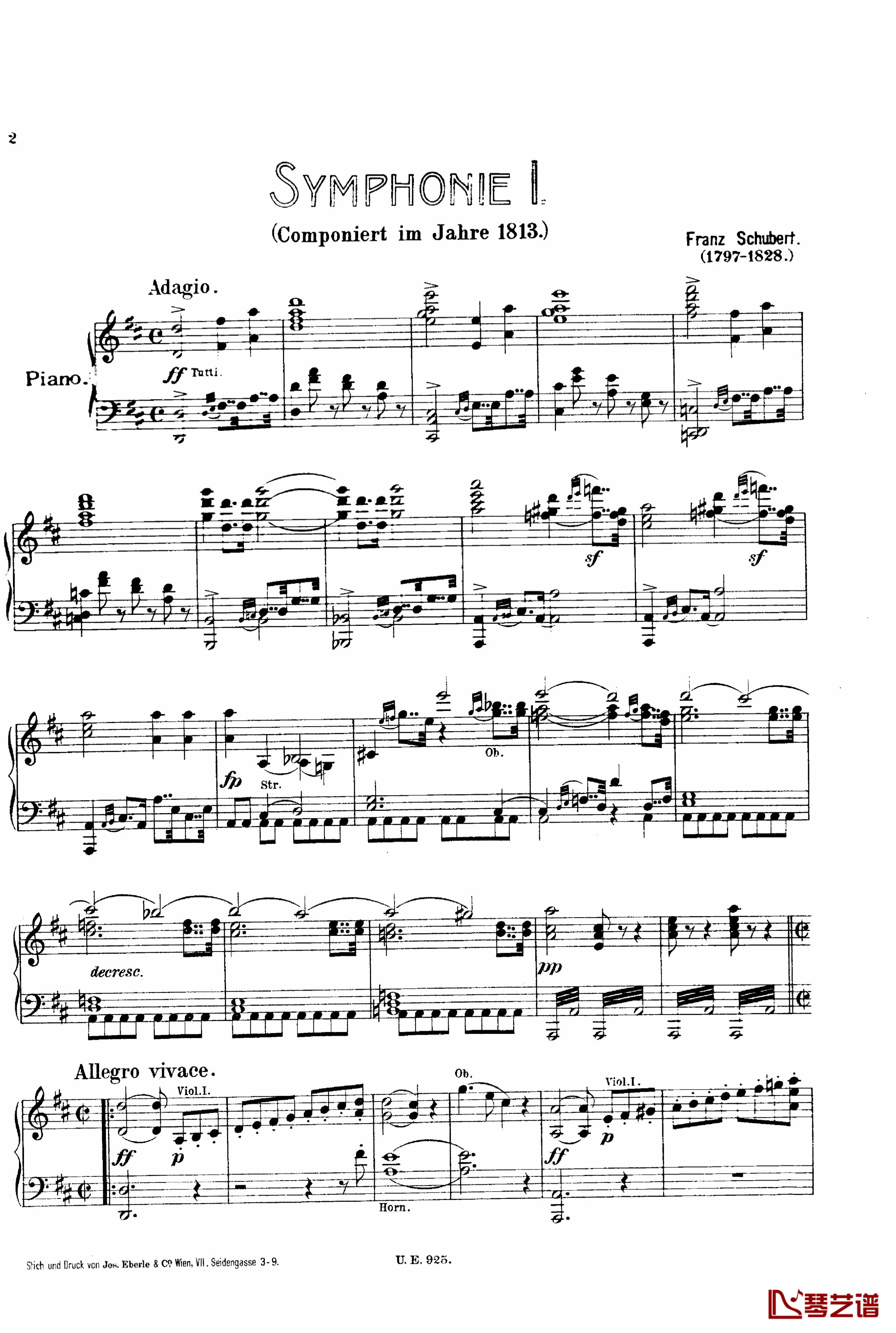D大调第一交响曲 D.82钢琴谱-舒伯特2