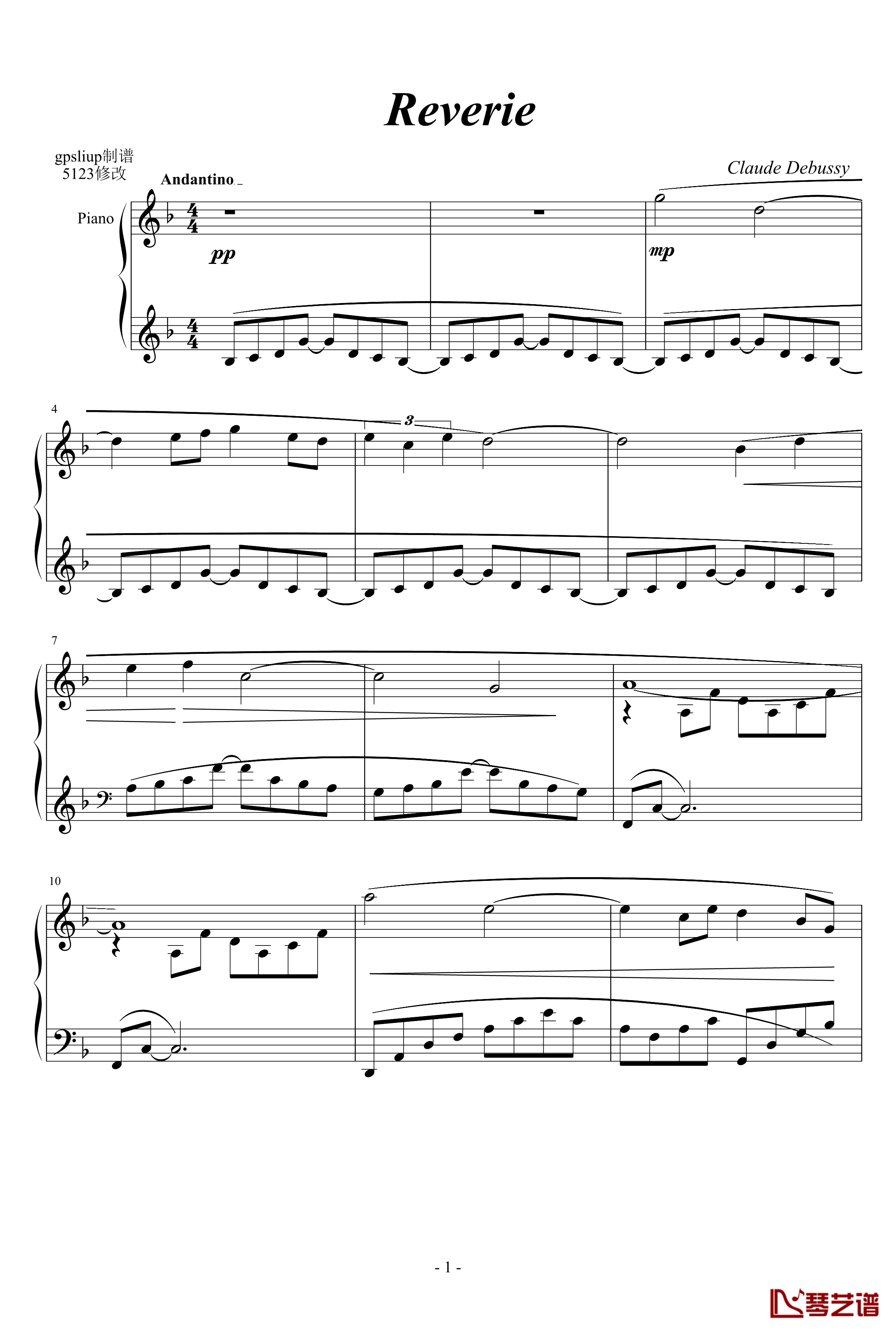 梦幻曲钢琴谱-德彪西1