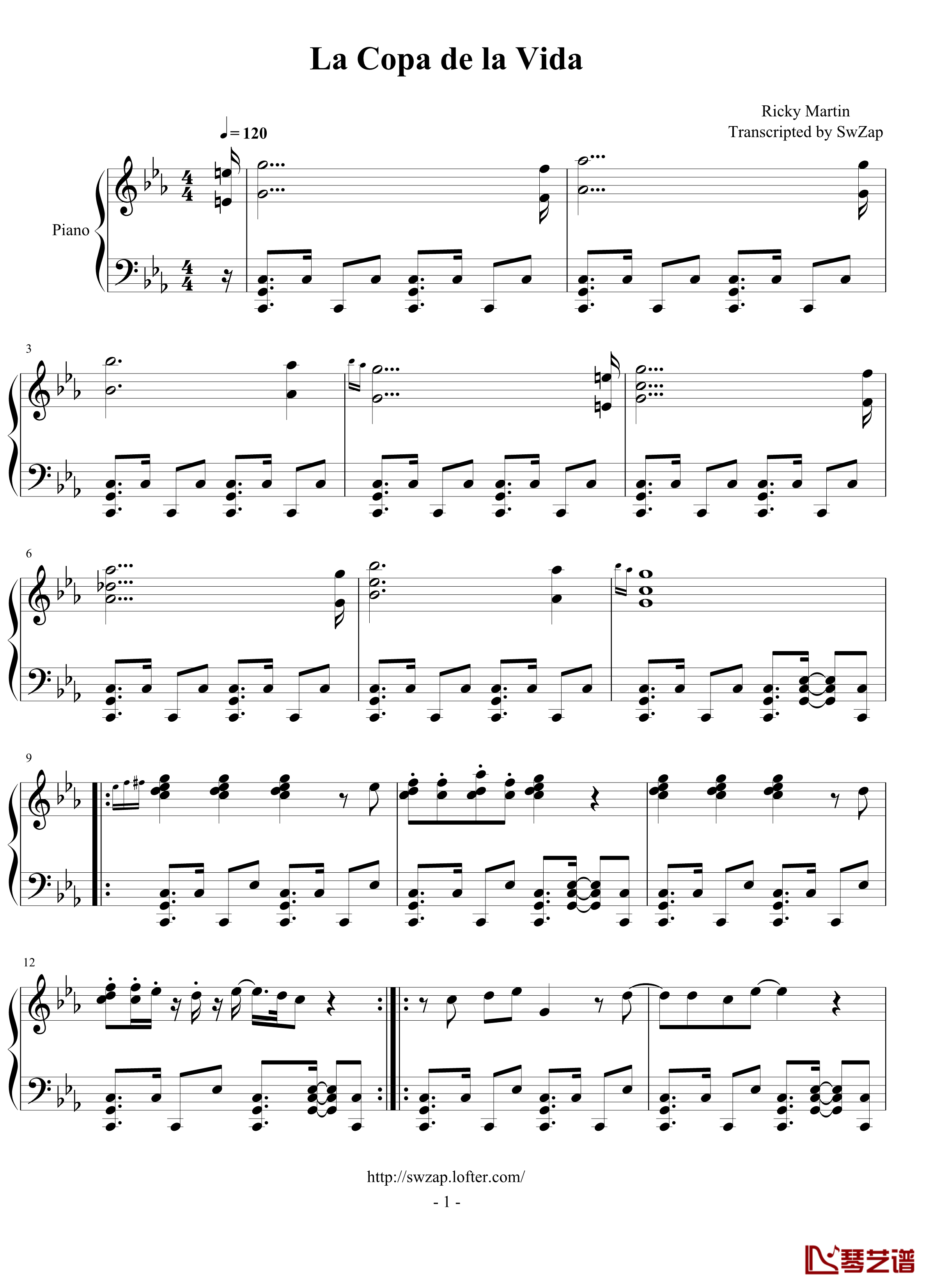 1998年世界杯官方歌曲《生命之杯》钢琴谱-瑞奇.马丁1