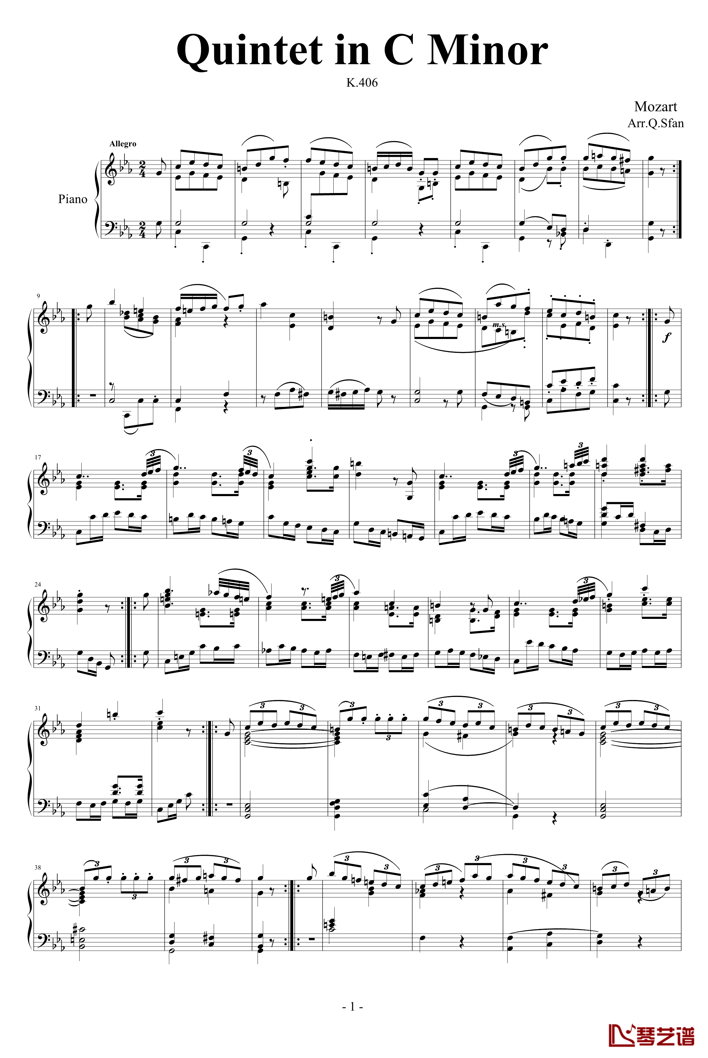 弦乐四重奏K406终乐章钢琴谱-莫扎特1
