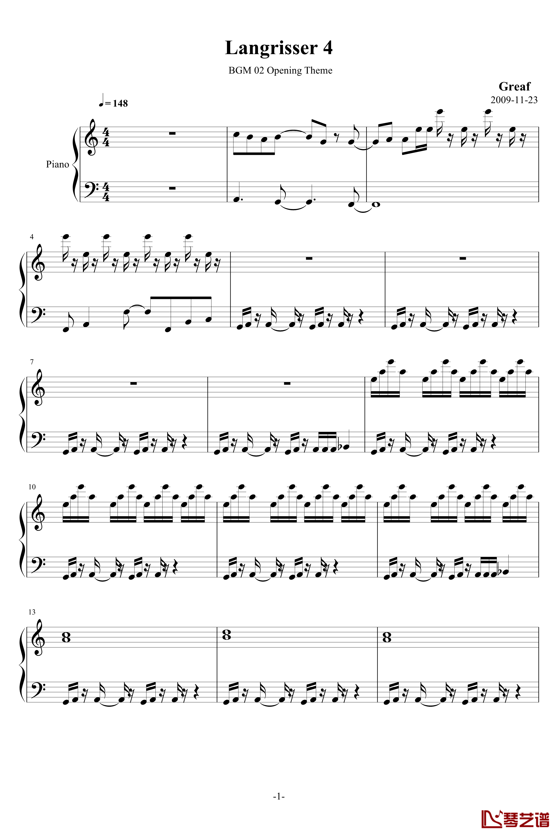  Langrisser 4 BGM 02 Opening Theme钢琴谱-游戏-梦幻模拟战1