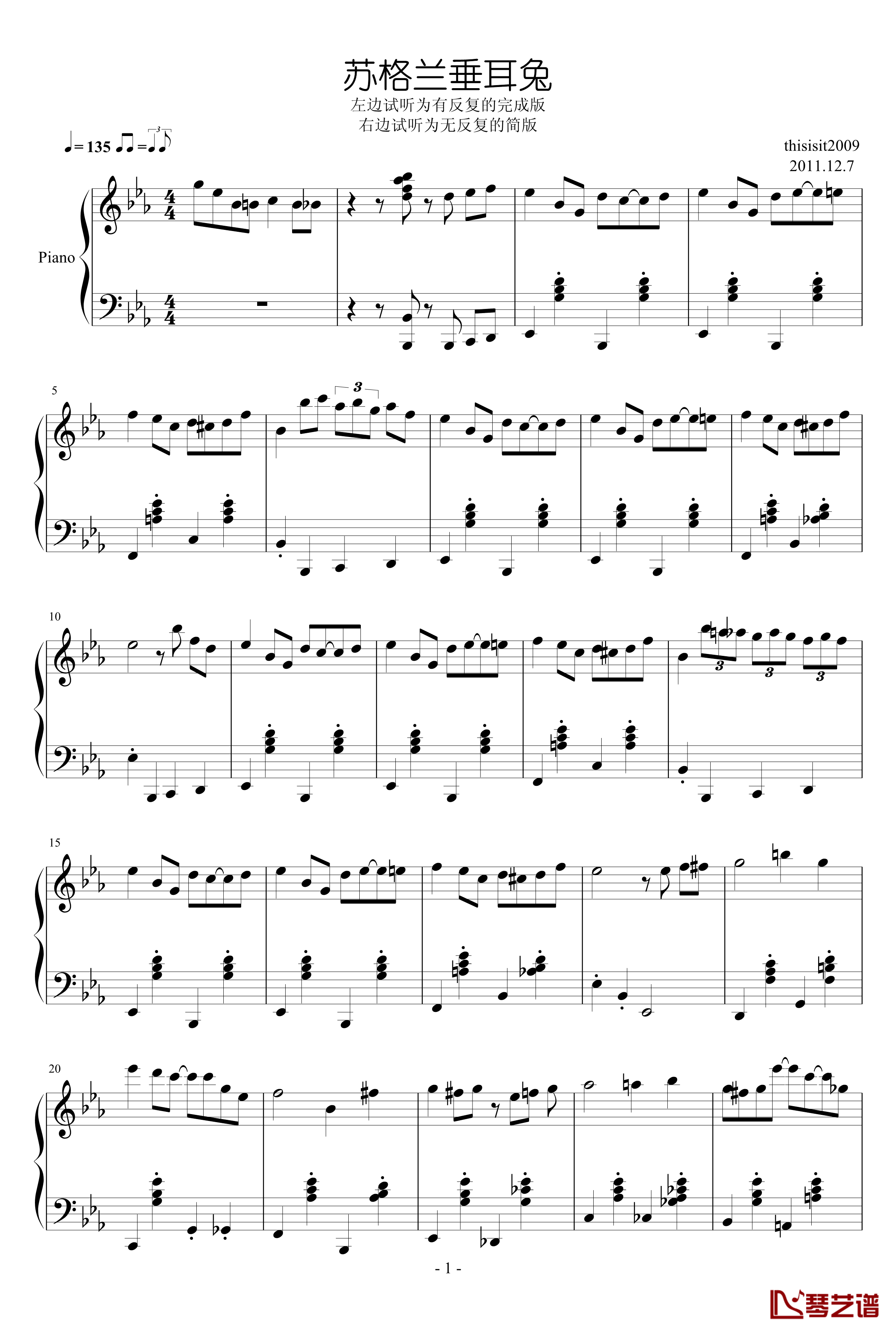 苏格兰垂耳兔钢琴谱-爵士-thisisit20091