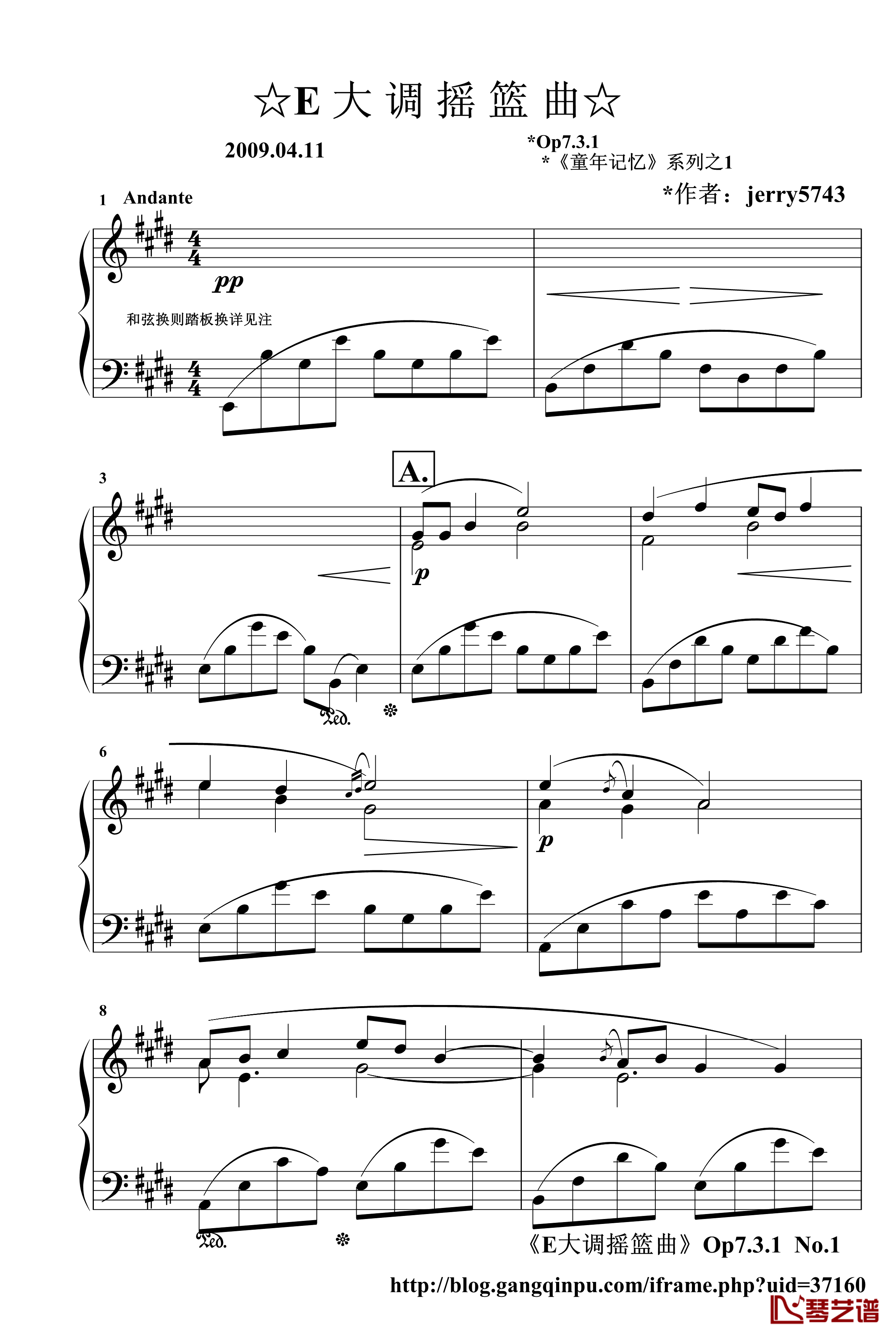 E大调摇篮曲Op7.3.1钢琴谱-jerry57431