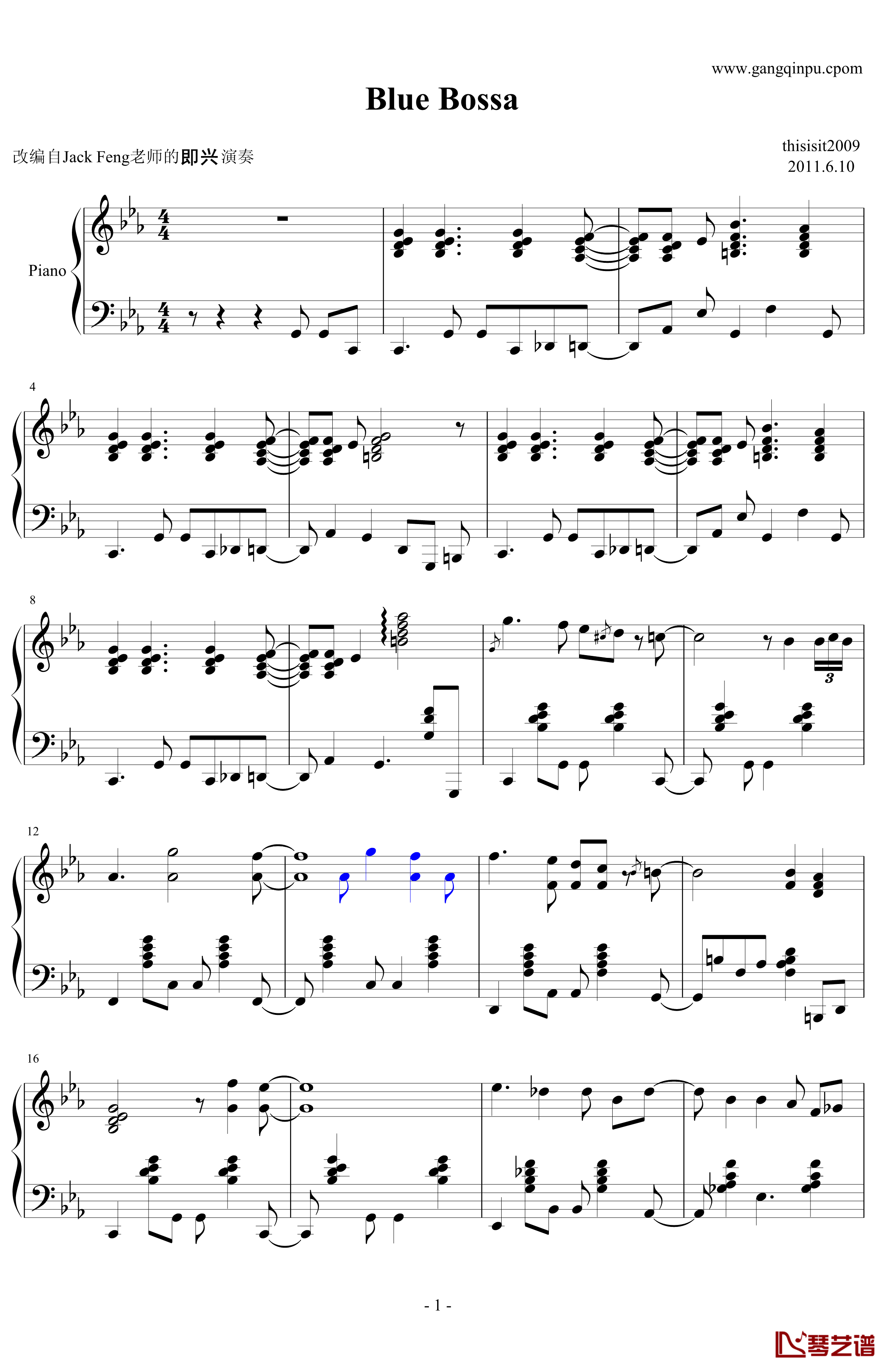 Blue Bossa钢琴谱-爵士-钢琴独奏-爵士音乐1
