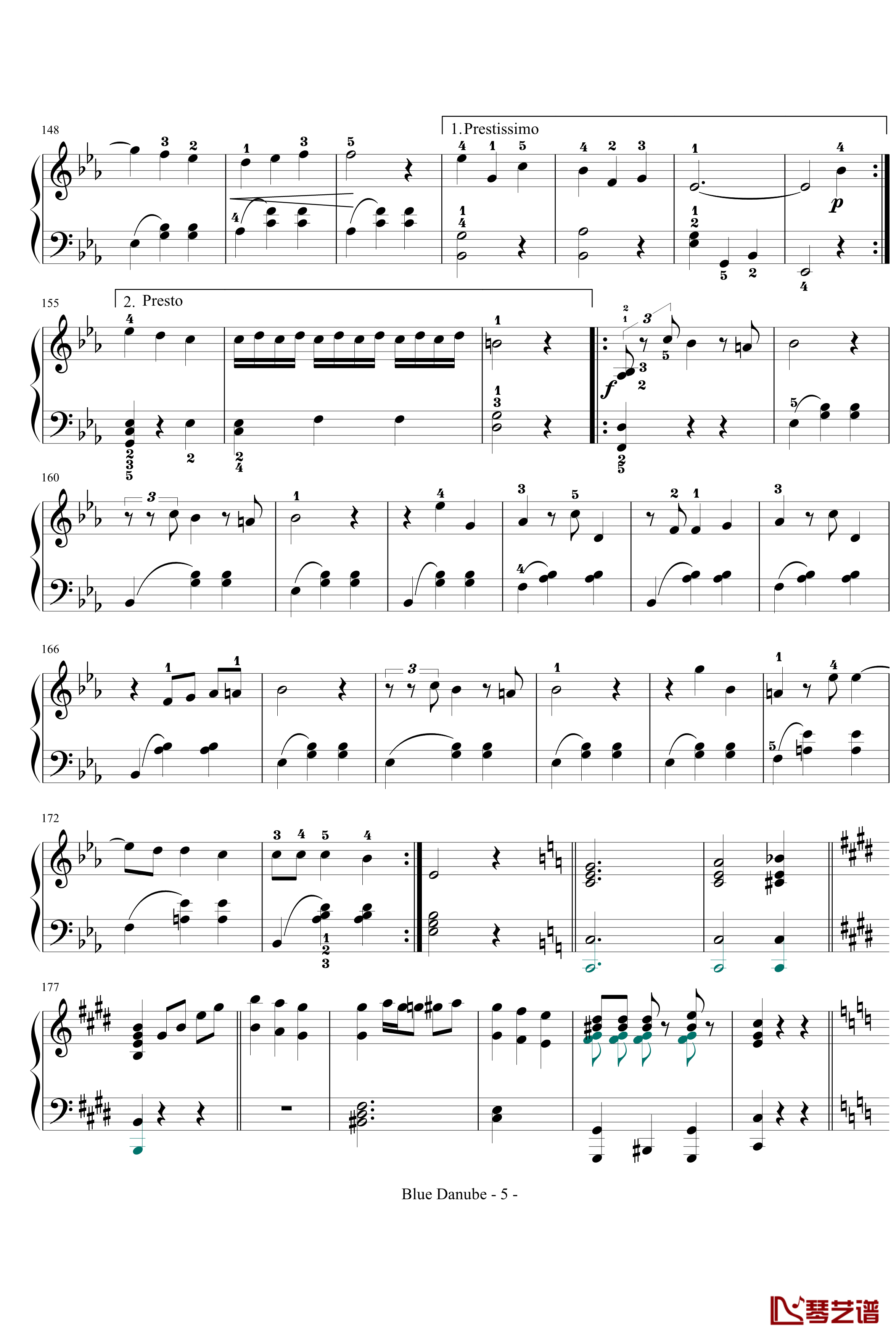 蓝色多瑙河钢琴谱-完整-带指法简化-约翰·斯特劳斯5