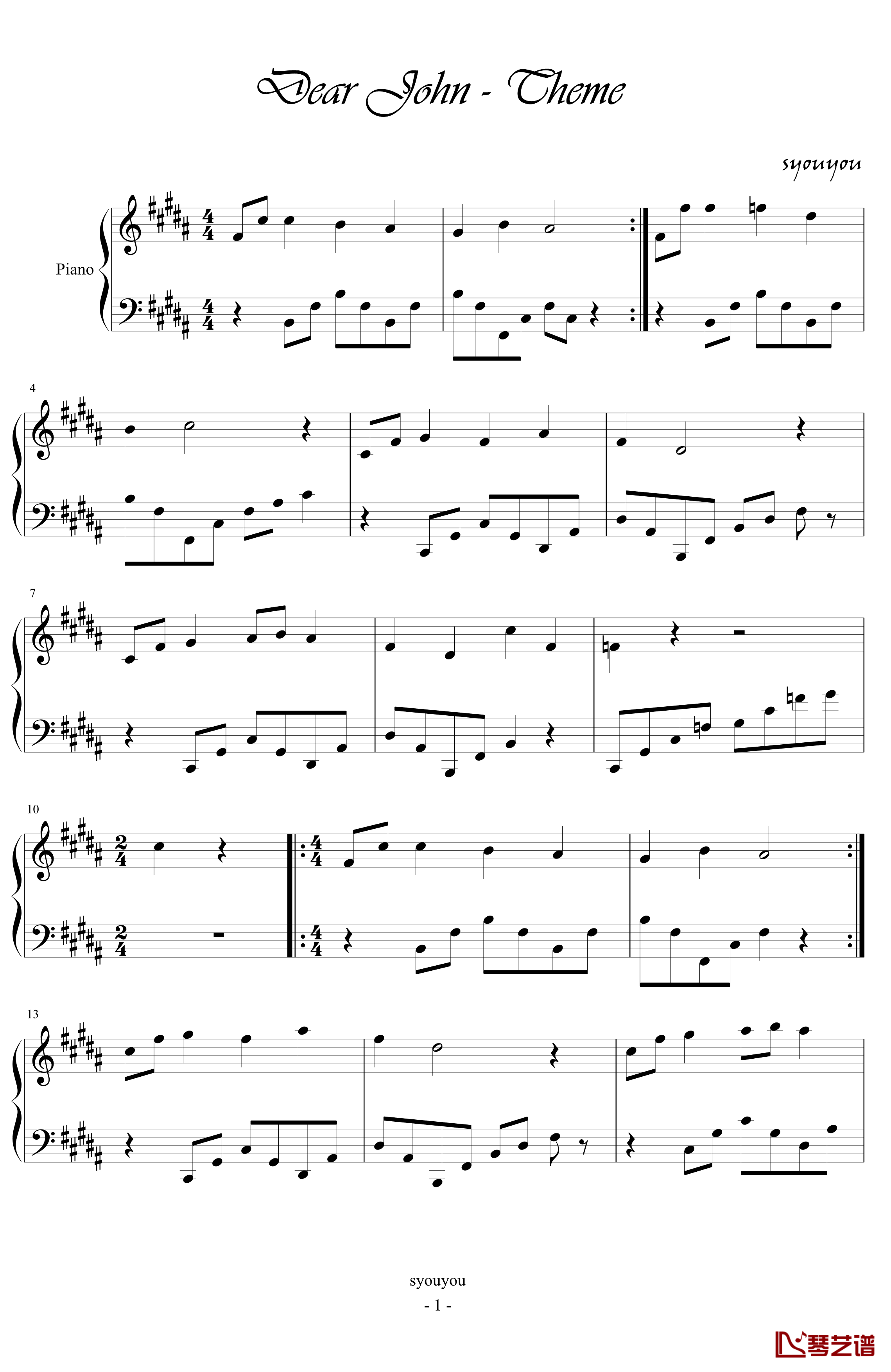 Dear John钢琴谱-Theme1