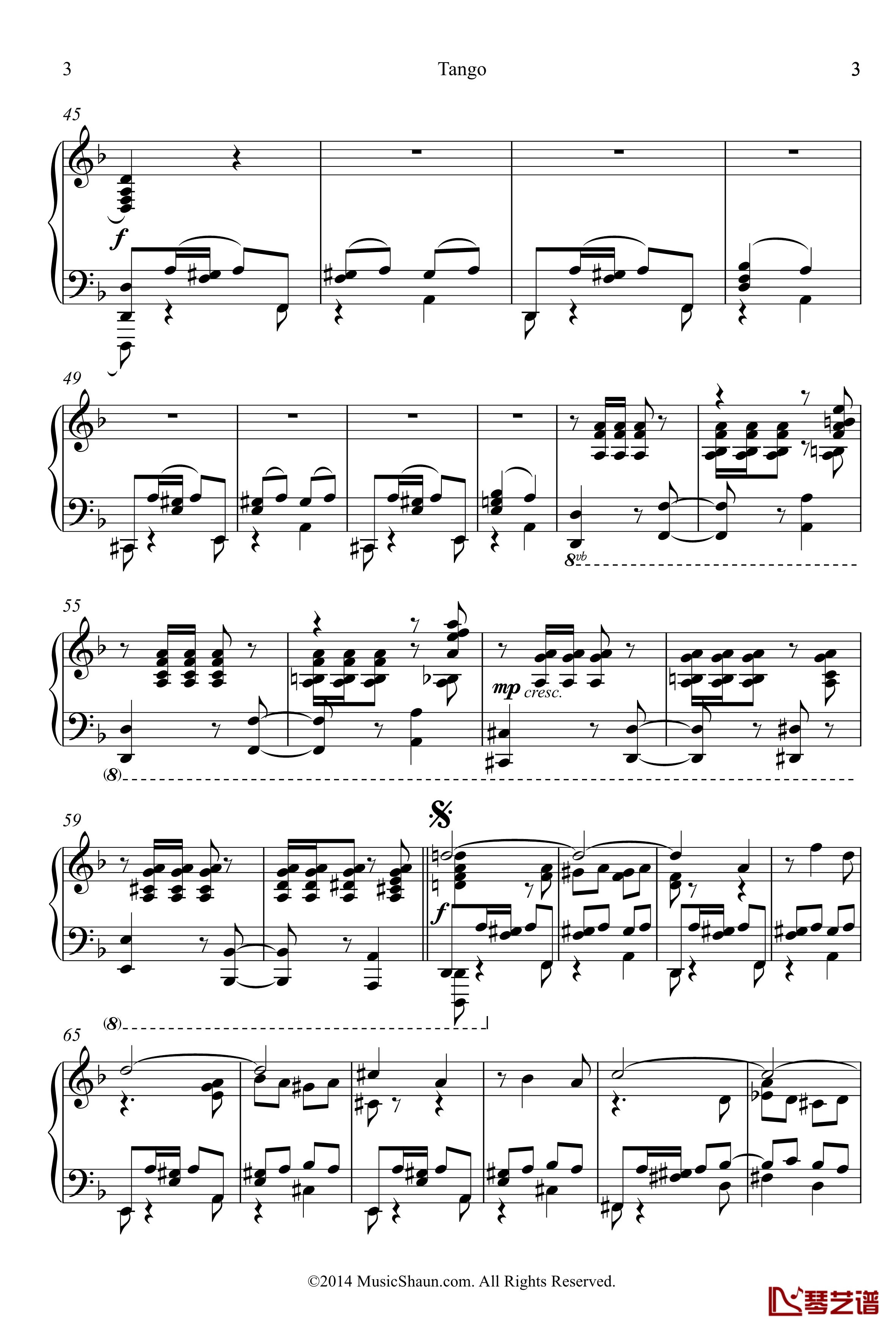肖恩的探戈钢琴谱-世界名曲3