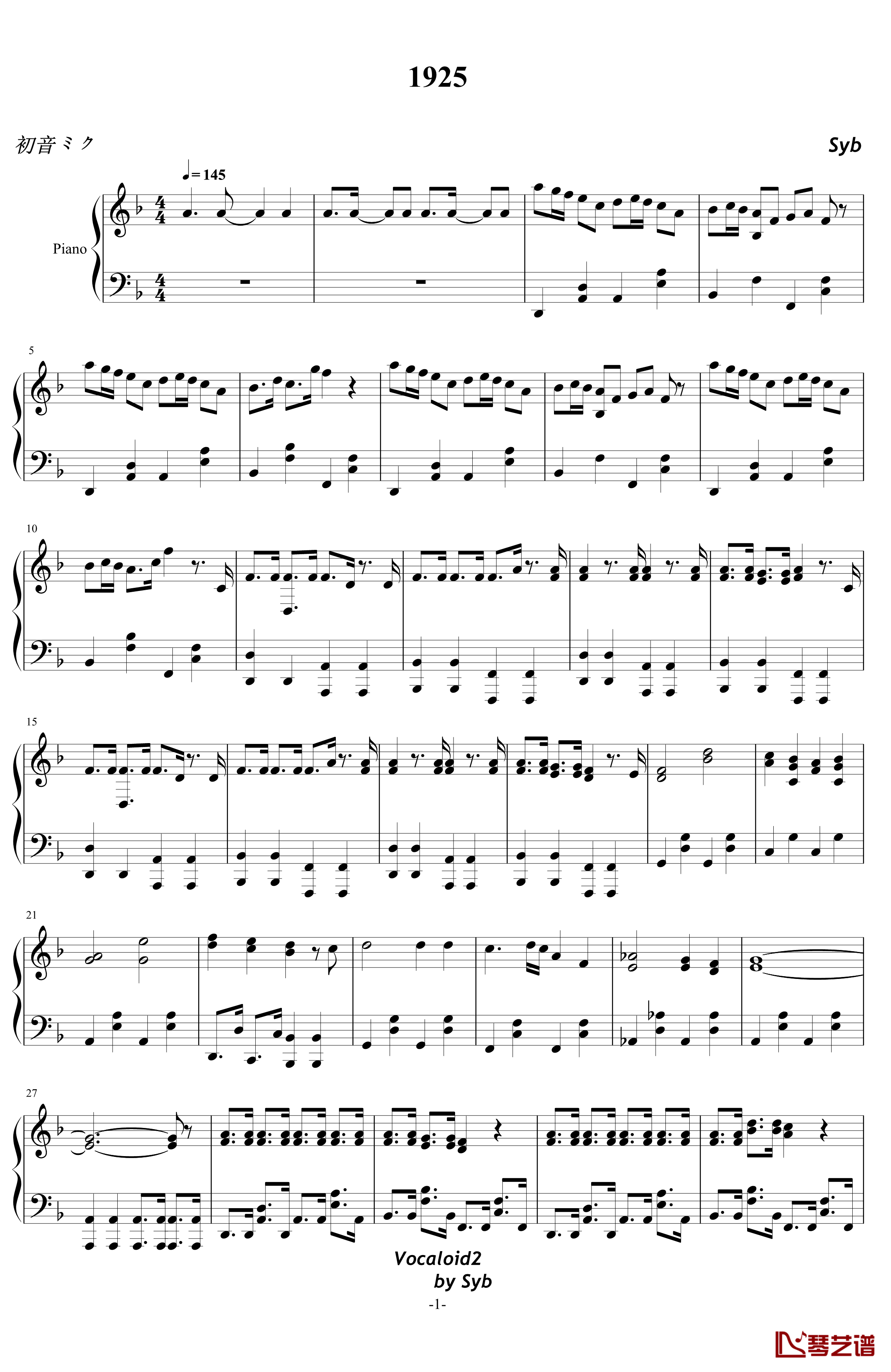 1925钢琴谱-初音未来1