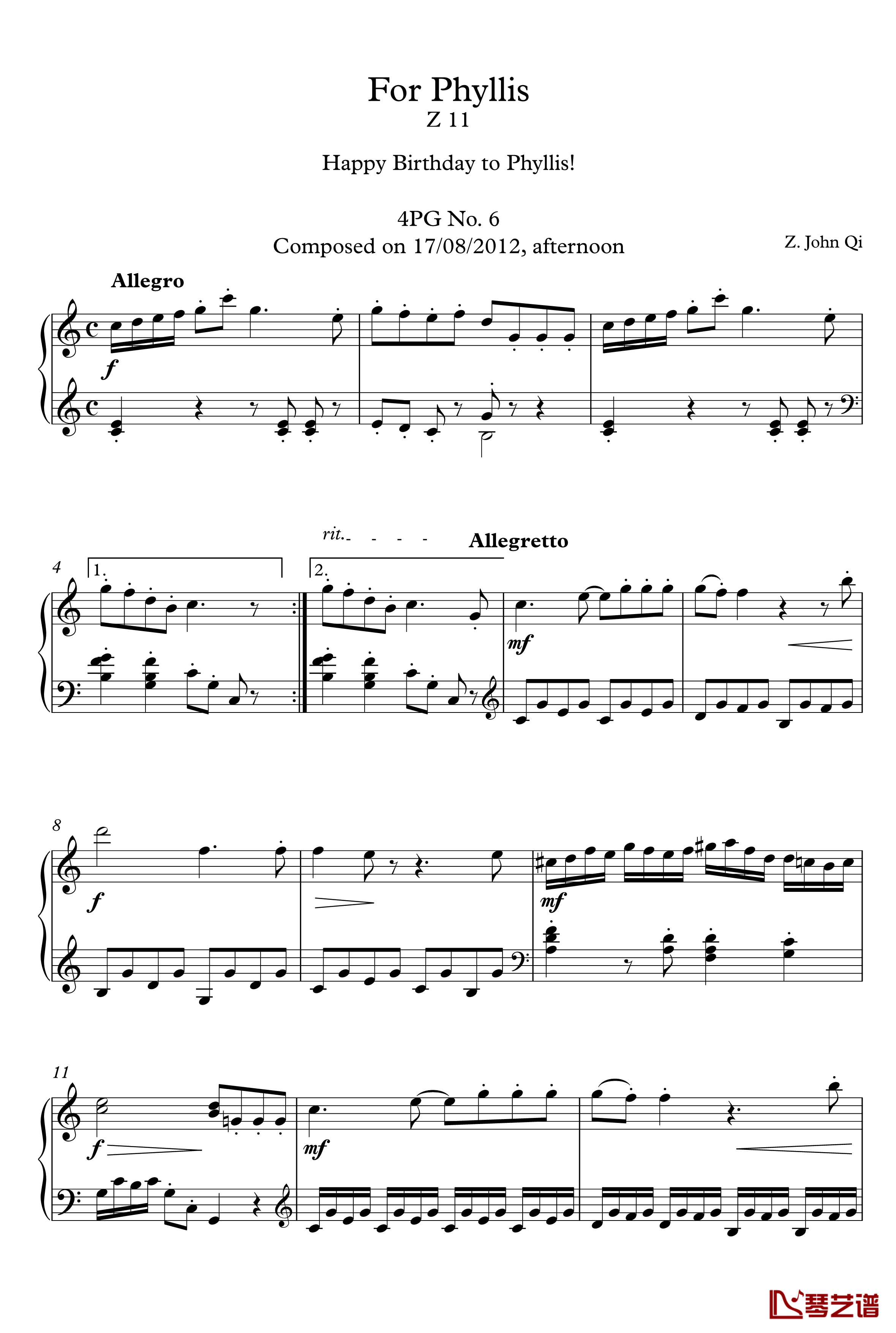 For Phyllis钢琴谱-4PG No. 6-漆政-Z111