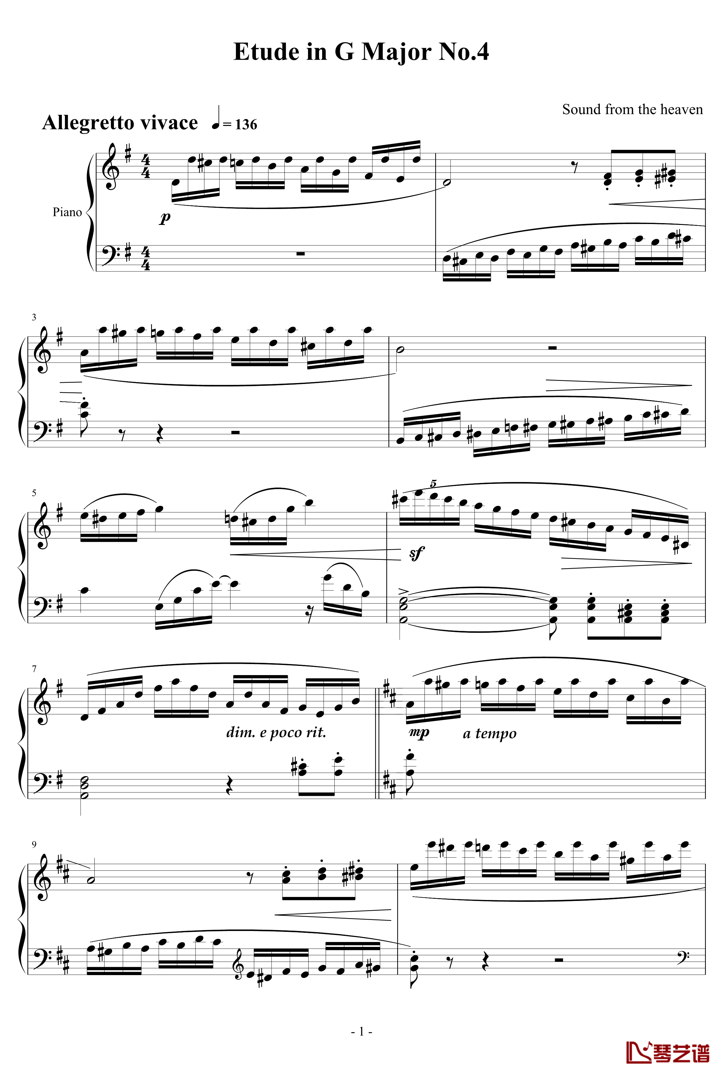 奋斗练习曲钢琴谱—G大调练习曲No.4-天籁传声1