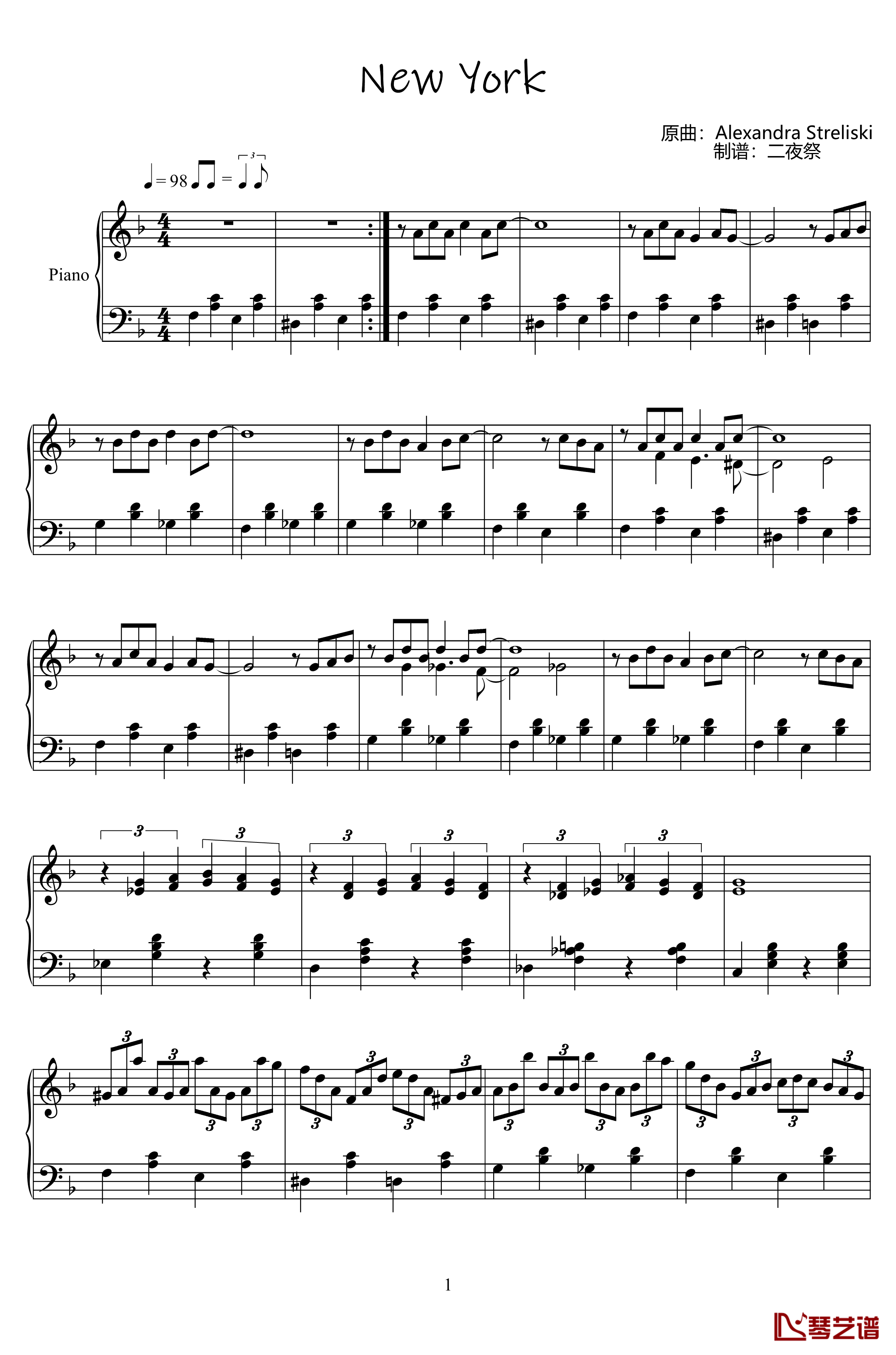 New York钢琴谱-Pianoscope-Alexandra Streliski1
